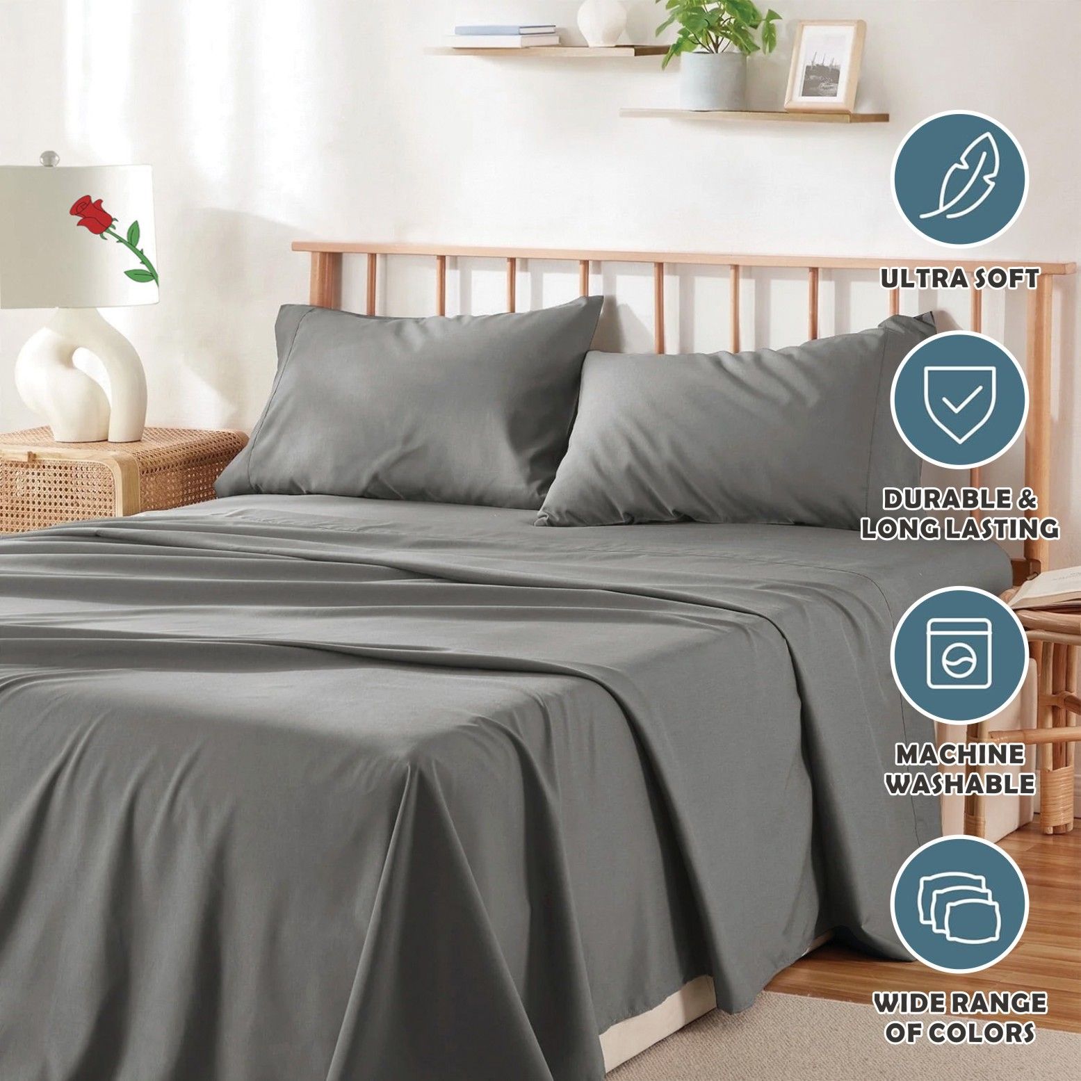 4 Piece Bed Sheet Set- Bedding Sheets & Pillowcases -Breathable Bedding - Wrinkle, Fade, Stain Resistant-Deep Pocket Flat Fitted Bed Sheet Set(Grey,Double)