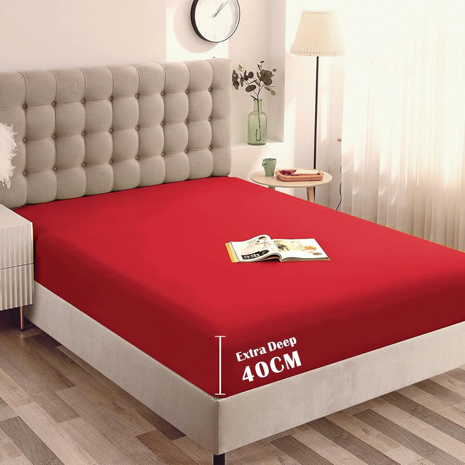 Hotel Quality Fitted Sheet - 1 Piece Fitted Sheet  -Breathable Bedding - Wrinkle, Fade, Stain Resistant- 16inch/40cm Deep Pocket Fitted Bed Sheet-Wrinkle and Fade Resistant,(Red,Double)