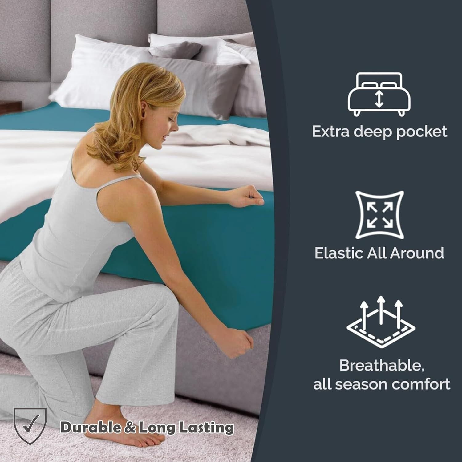 Hotel Quality Fitted Sheet - 1 Piece Fitted Sheet  -Breathable Bedding - Wrinkle, Fade, Stain Resistant- 16inch/40cm Deep Pocket Fitted Bed Sheet-Wrinkle and Fade Resistant,(Biscay blue,Double)