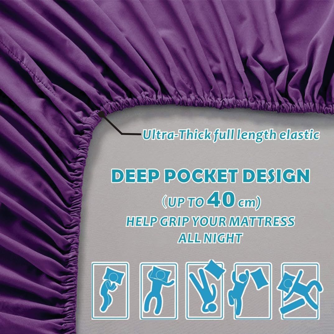 Hotel Quality Fitted Sheet - 1 Piece Fitted Sheet  -Breathable Bedding - Wrinkle, Fade, Stain Resistant- 16inch/40cm Deep Pocket Fitted Bed Sheet-Wrinkle and Fade Resistant,(Purple,Double)