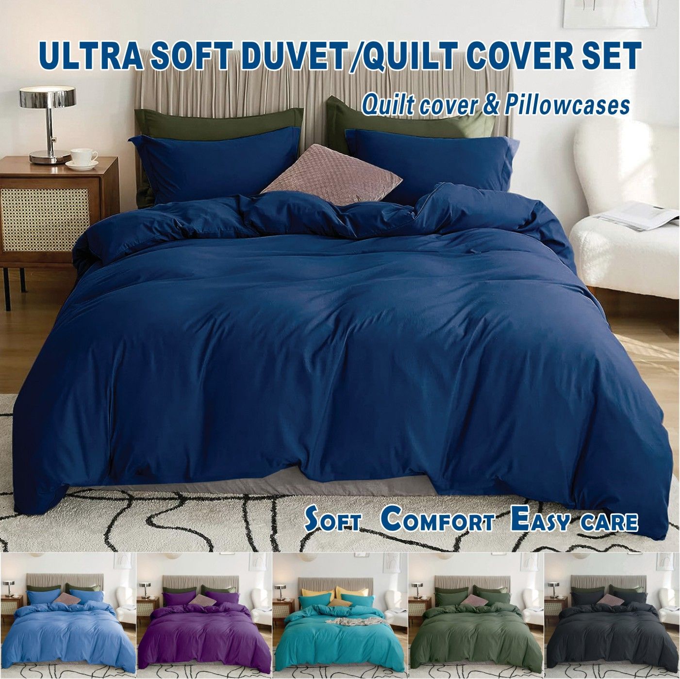 3 Piece Hotel Soft Microfiber Quilt Cover Set-2000TC Duvet/Donna Cover Set & Pillowcases -1 Quilt Cover Zipper Closure & 1 x Pillowcases-Breathable Bedding - Wrinkle, Fade, Stain Resistant(Navy,King)