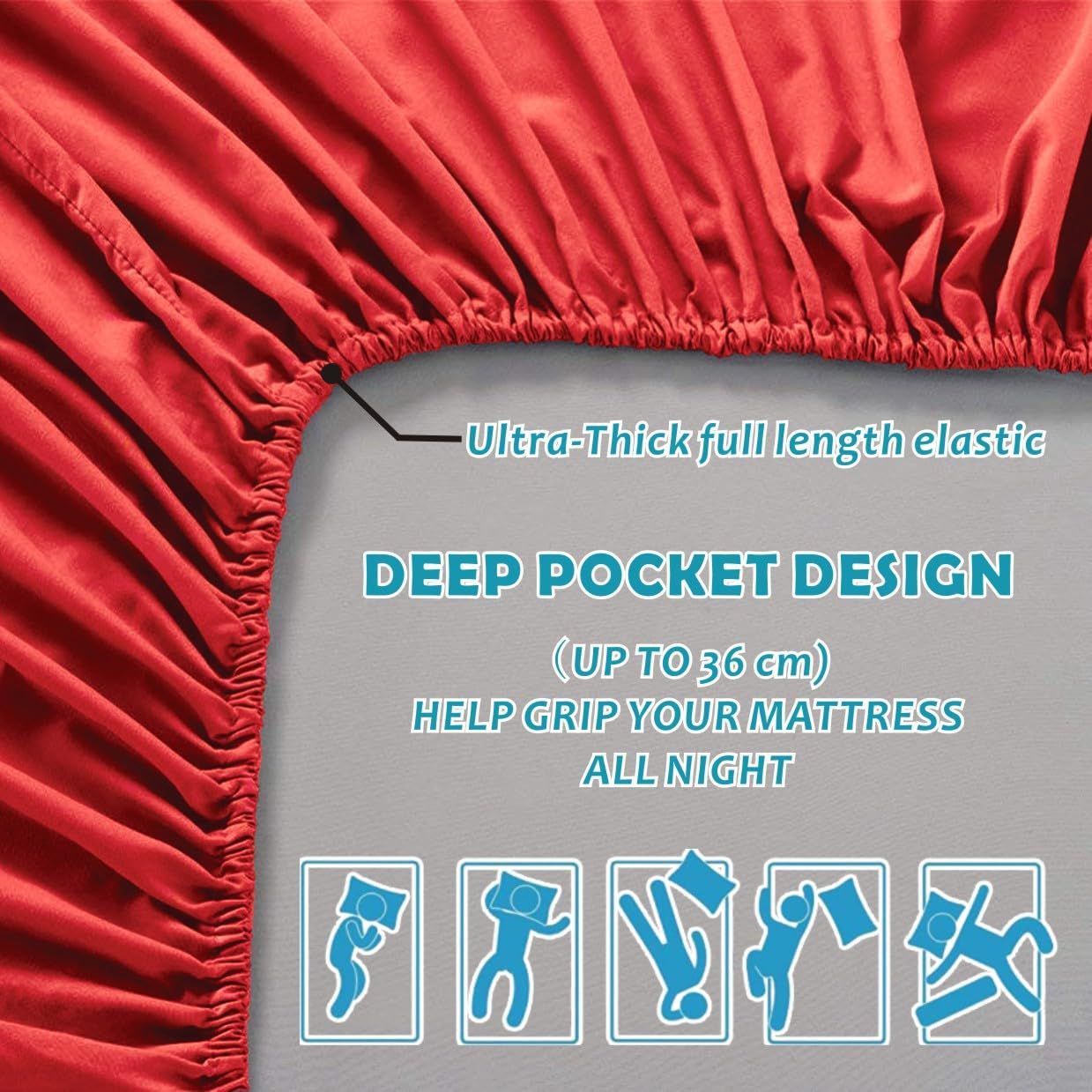 3 Piece Fitted Sheet Set- Fitted Sheet & Pillowcases -Breathable Bedding - Wrinkle, Fade, Stain Resistant- 40cm Deep Pocket Fitted Bed Sheet Set(Red,King)