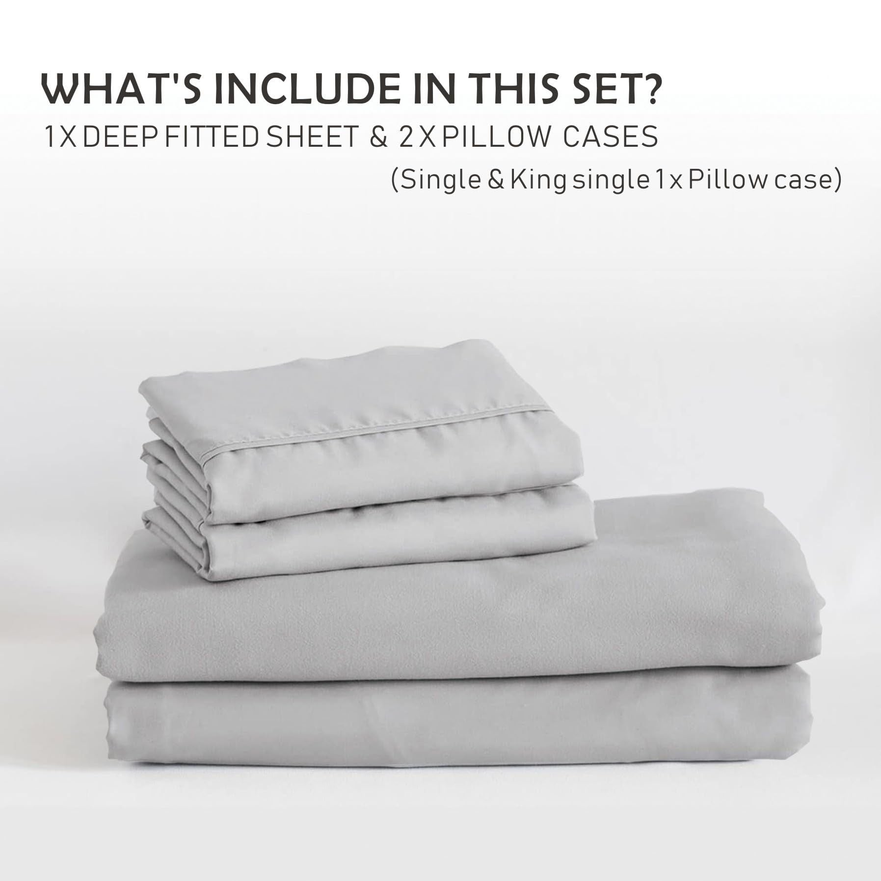 3 Piece Fitted Sheet Set- Fitted Sheet & Pillowcases -Breathable Bedding - Wrinkle, Fade, Stain Resistant- 40cm Deep Pocket Fitted Bed Sheet Set(Silver-gray,King)