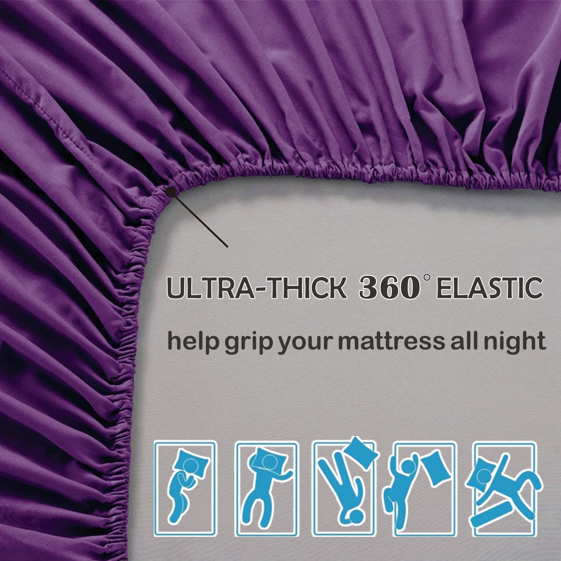 3 Piece Fitted Sheet Set- Fitted Sheet & Pillowcases -Breathable Bedding - Wrinkle, Fade, Stain Resistant- 40cm Deep Pocket Fitted Bed Sheet Set(Purple,King)
