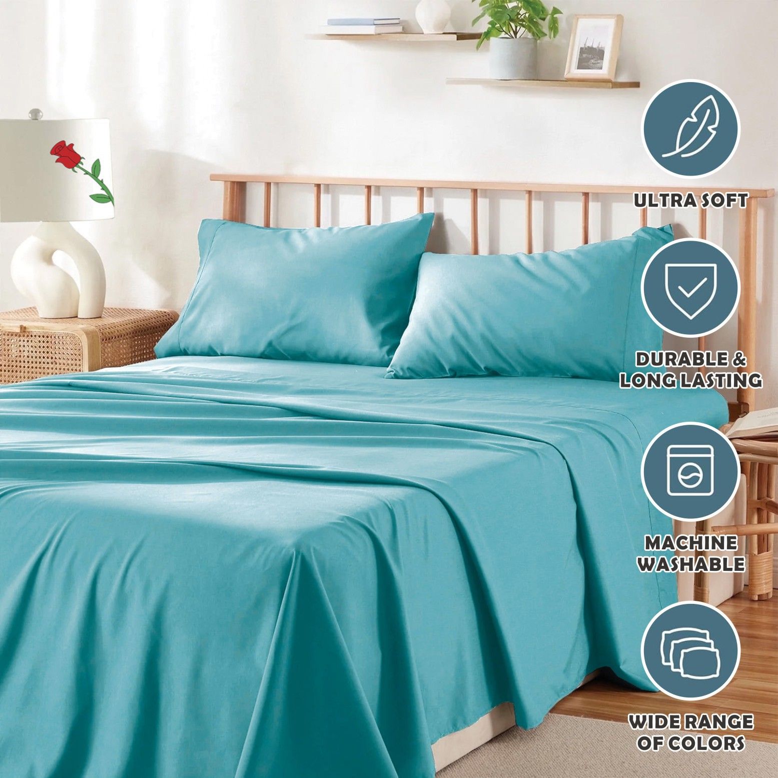 4 Piece Bed Sheet Set- Bedding Sheets & Pillowcases -Breathable Bedding - Wrinkle, Fade, Stain Resistant-Deep Pocket Flat Fitted Bed Sheet Set(Ice Blue,King)
