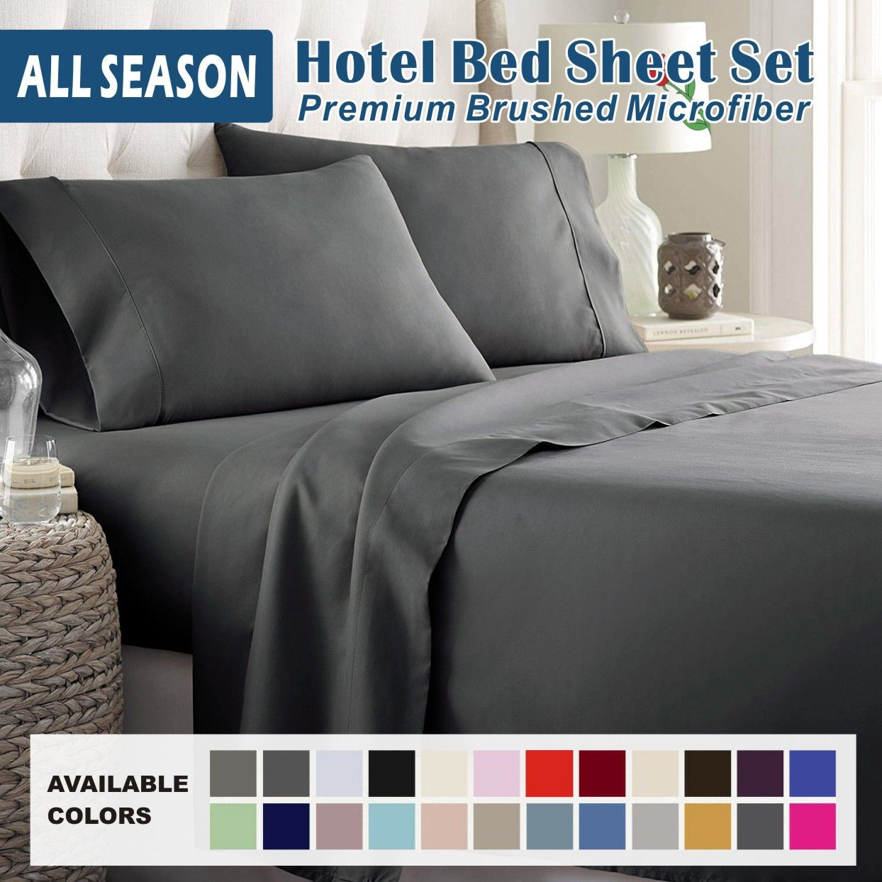 4 Piece Bed Sheet Set- Bedding Sheets & Pillowcases -Breathable Bedding - Wrinkle, Fade, Stain Resistant-Deep Pocket Flat Fitted Bed Sheet Set(Dark gray,King)