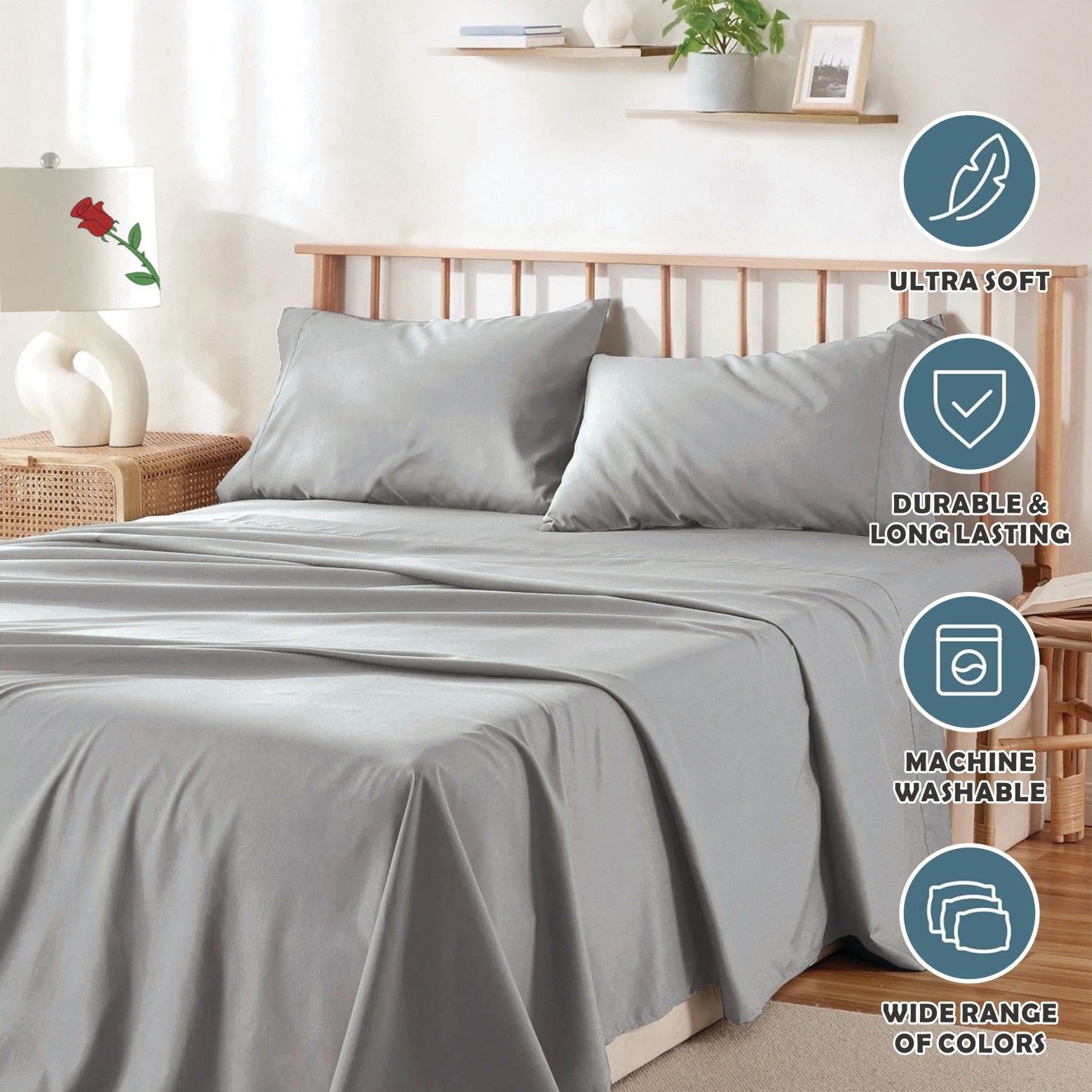 4 Piece Bed Sheet Set- Bedding Sheets & Pillowcases -Breathable Bedding - Wrinkle, Fade, Stain Resistant-Deep Pocket Flat Fitted Bed Sheet Set(Silver-gray,King)