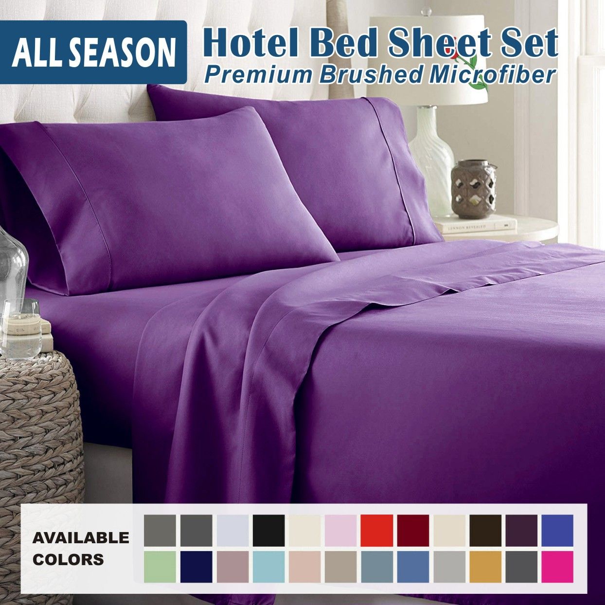 4 Piece Bed Sheet Set- Bedding Sheets & Pillowcases -Breathable Bedding - Wrinkle, Fade, Stain Resistant-Deep Pocket Flat Fitted Bed Sheet Set(Purple,King)