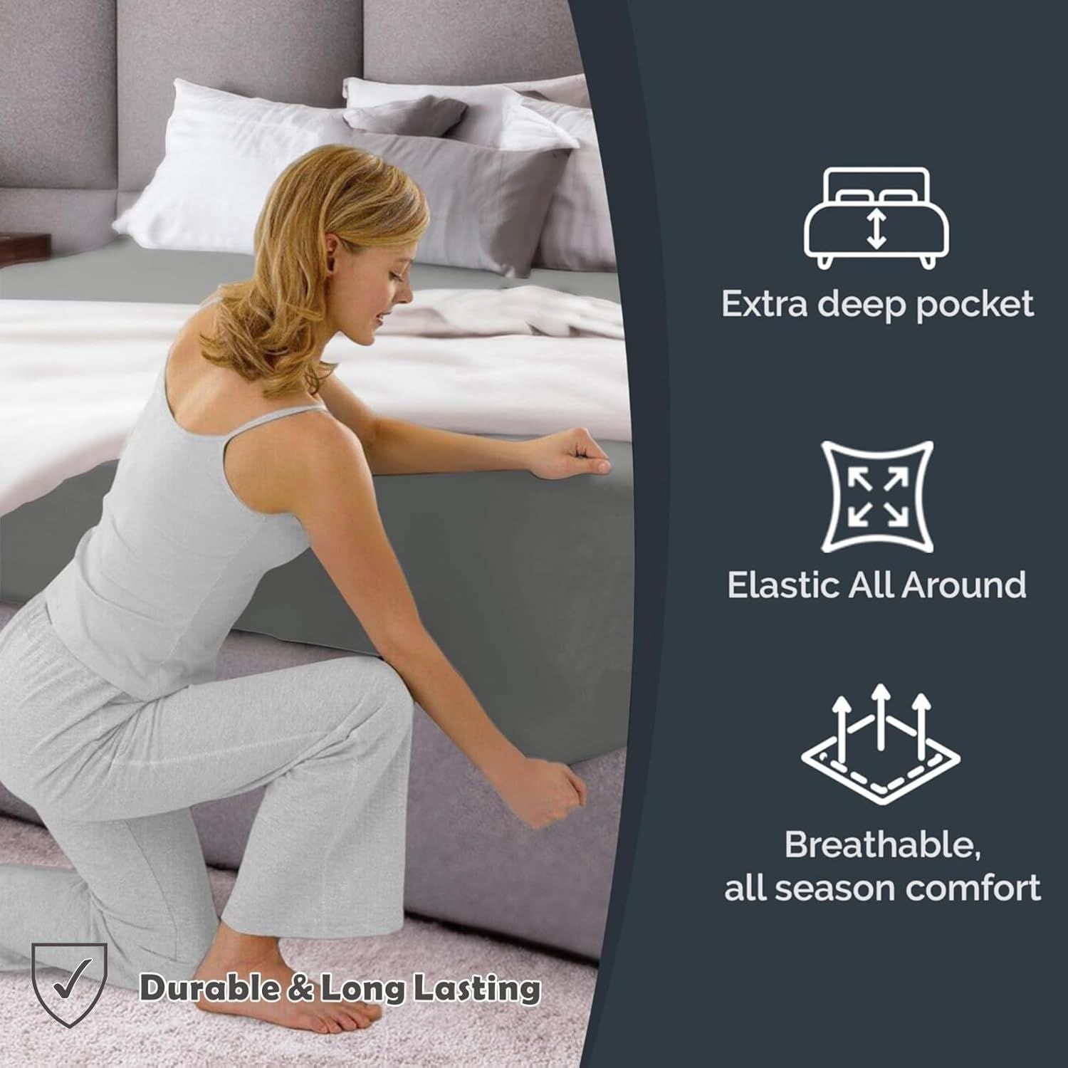 Hotel Quality Fitted Sheet - 1 Piece Fitted Sheet  -Breathable Bedding - Wrinkle, Fade, Stain Resistant- 16inch/40cm Deep Pocket Fitted Bed Sheet-Wrinkle and Fade Resistant,(Grey,King)