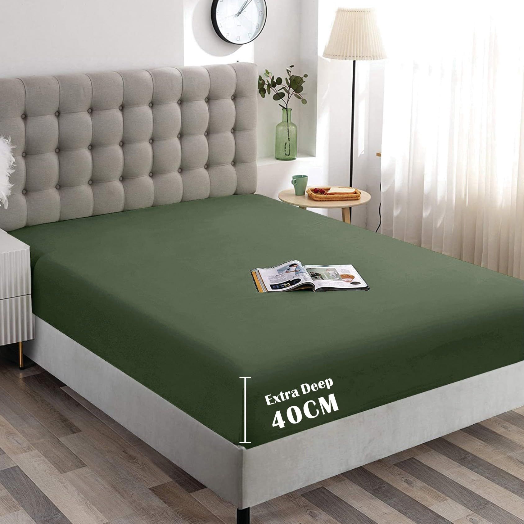 Hotel Quality Fitted Sheet - 1 Piece Fitted Sheet  -Breathable Bedding - Wrinkle, Fade, Stain Resistant- 16inch/40cm Deep Pocket Fitted Bed Sheet-Wrinkle and Fade Resistant,(Olive green,King)