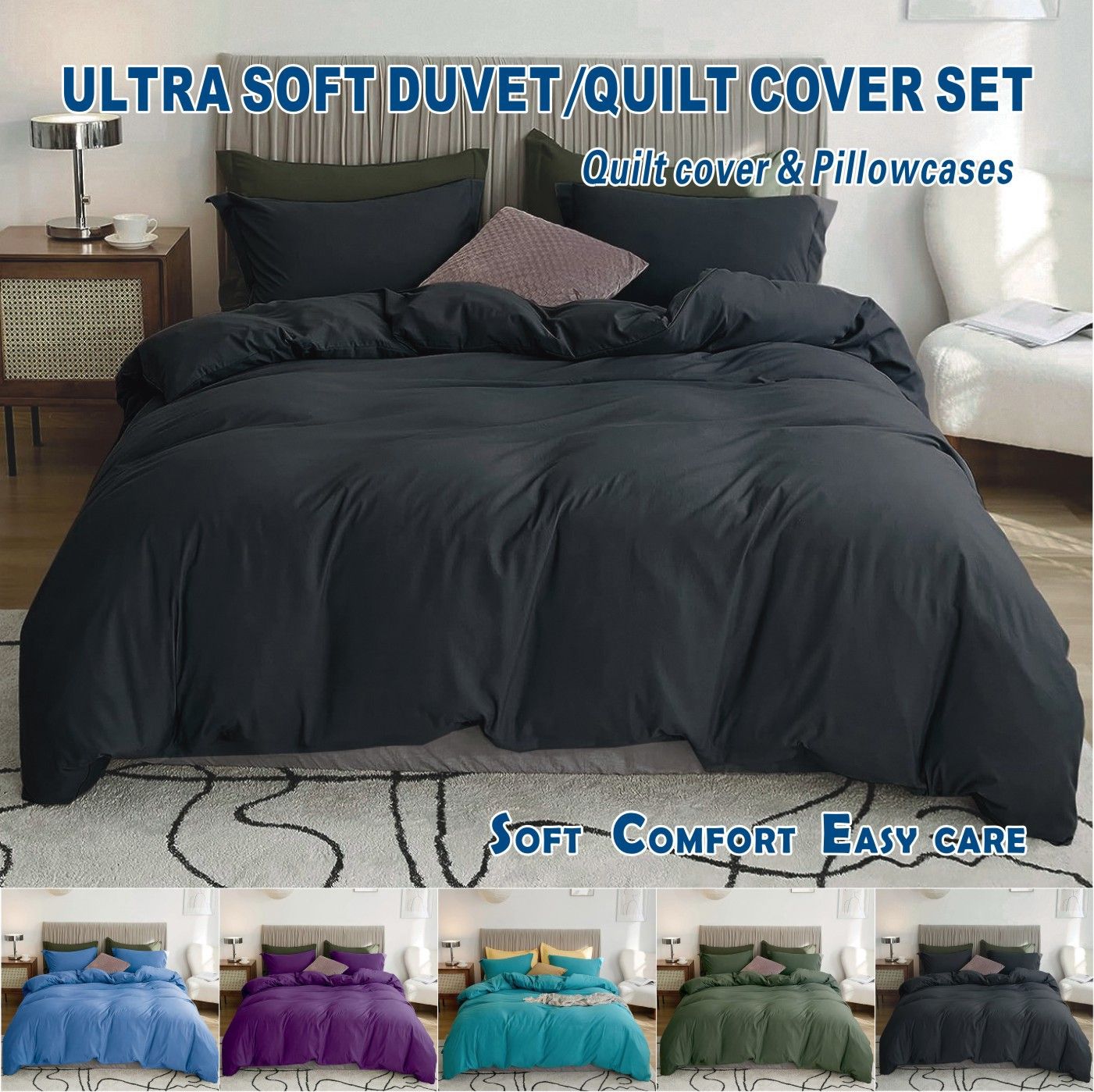 2 Piece Hotel Soft Microfiber Quilt Cover Set-2000TC Duvet/Donna Cover Set & Pillowcases -1 Quilt Cover Zipper Closure & 1 x Pillowcases-Breathable Bedding - Wrinkle, Fade, Stain Resistant(Black,King Single)
