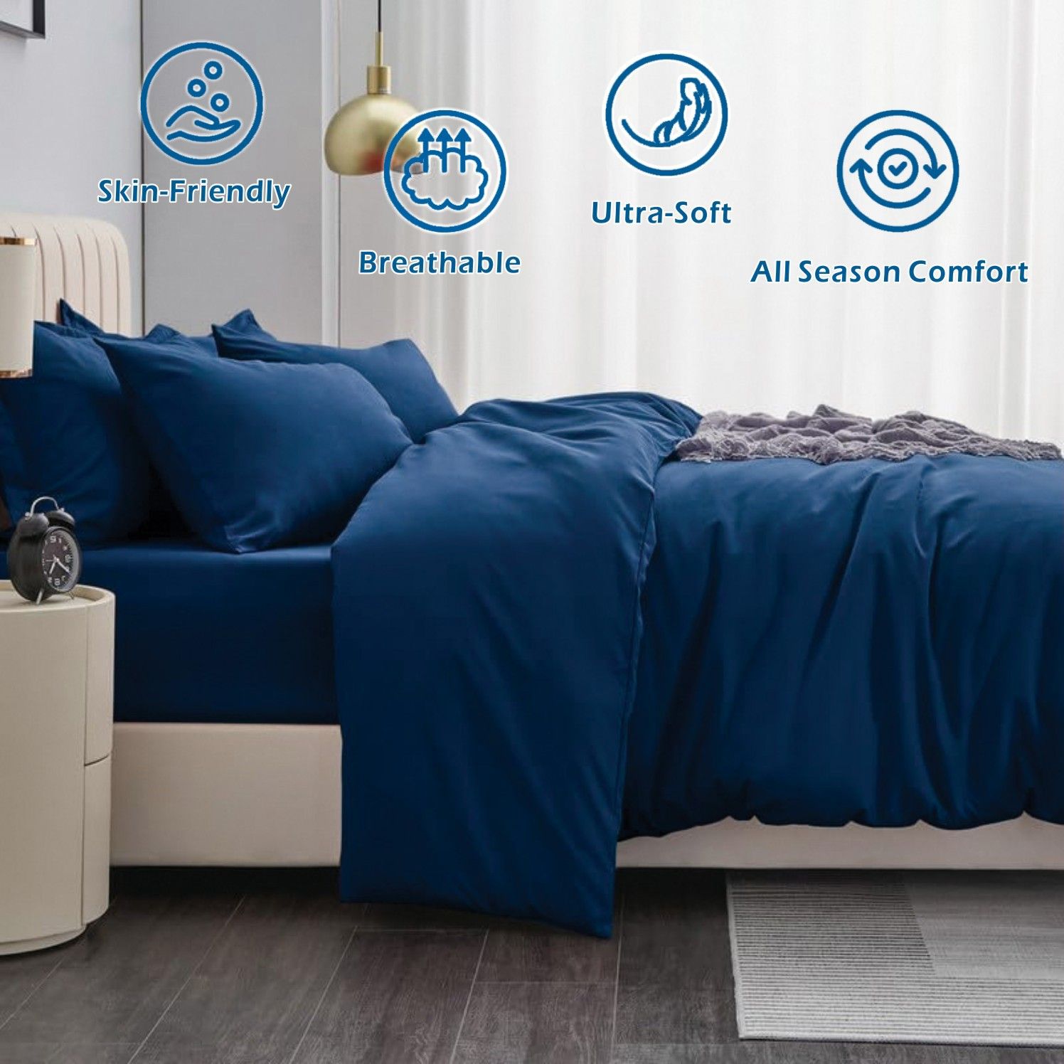2 Piece Hotel Soft Microfiber Quilt Cover Set-2000TC Duvet/Donna Cover Set & Pillowcases -1 Quilt Cover Zipper Closure & 1 x Pillowcases-Breathable Bedding - Wrinkle, Fade, Stain Resistant(Navy,King Single)