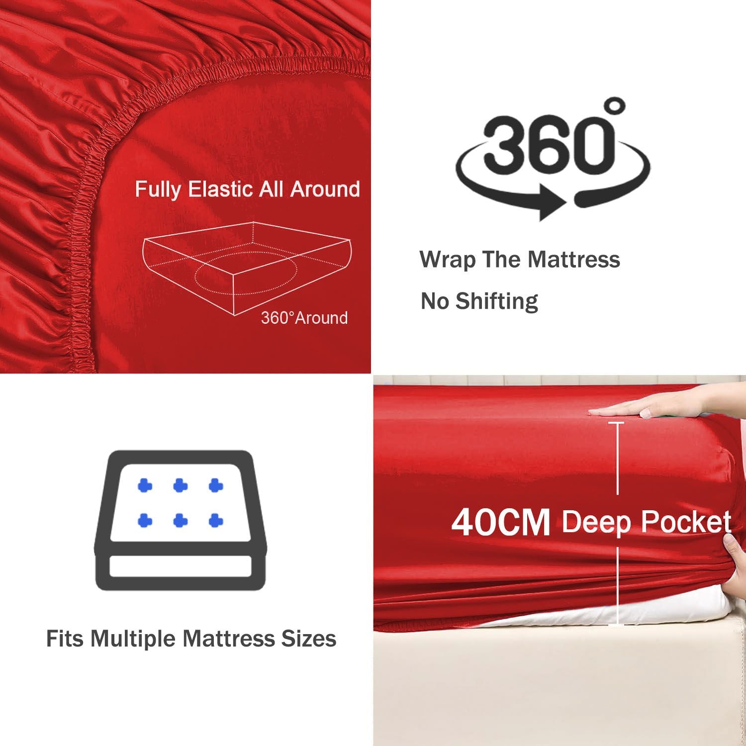 2 Piece Fitted Sheet Set- Fitted Sheet & Pillowcases -Breathable Bedding - Wrinkle, Fade, Stain Resistant- 40cm Deep Pocket Fitted Bed Sheet Set(Red,King Single)