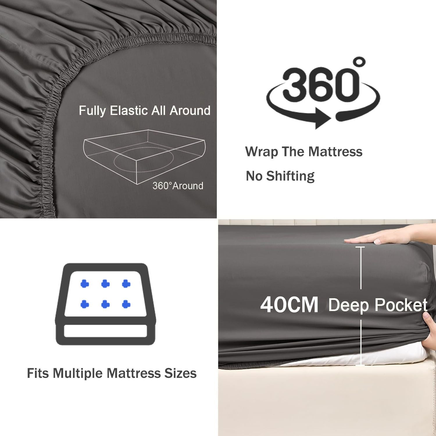 2 Piece Fitted Sheet Set- Fitted Sheet & Pillowcases -Breathable Bedding - Wrinkle, Fade, Stain Resistant- 40cm Deep Pocket Fitted Bed Sheet Set(Dark gray,King Single)