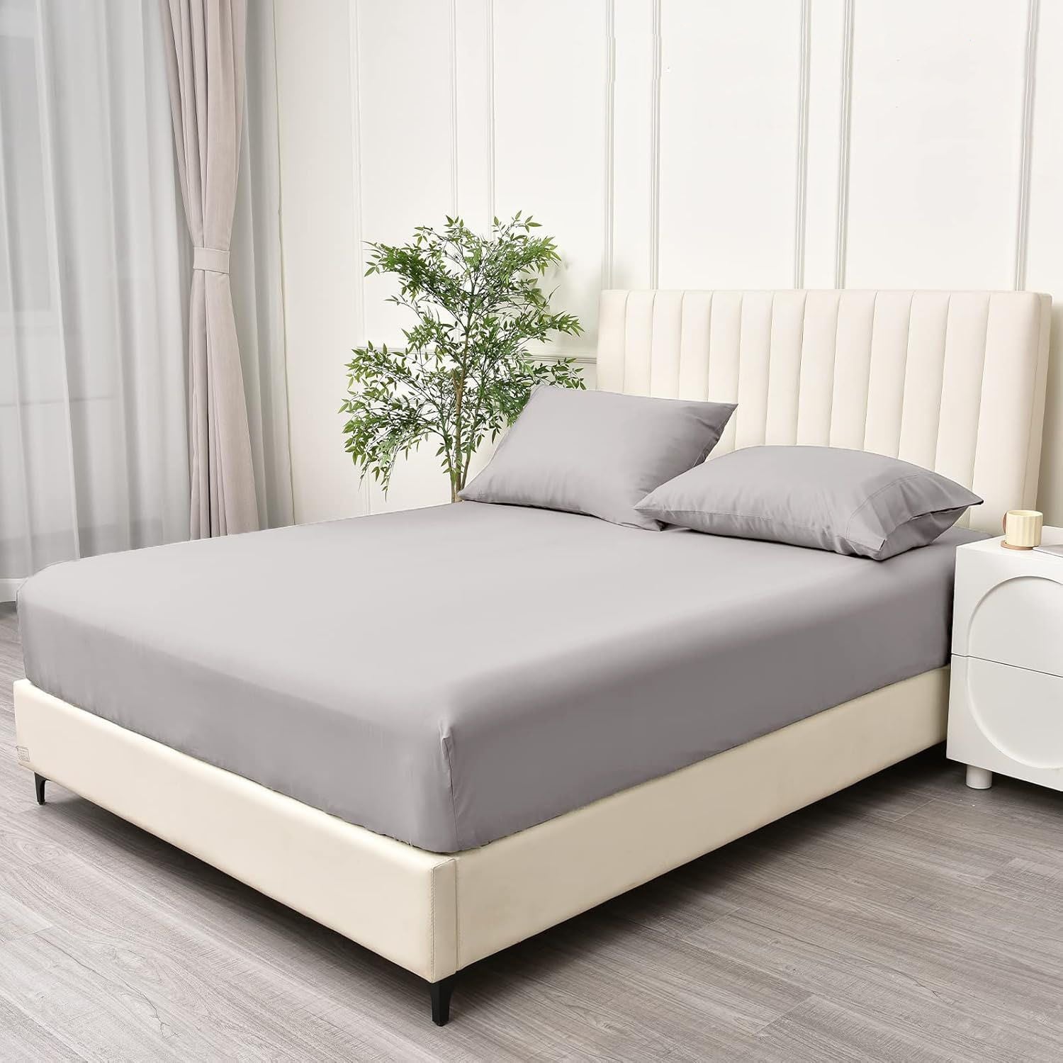 2 Piece Fitted Sheet Set- Fitted Sheet & Pillowcases -Breathable Bedding - Wrinkle, Fade, Stain Resistant- 40cm Deep Pocket Fitted Bed Sheet Set(Silver-gray,King Single)