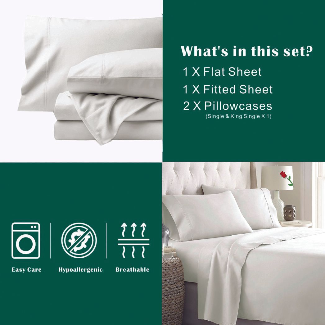 3 Piece Bed Sheet Set- Bedding Sheets & Pillowcases -Breathable Bedding - Wrinkle, Fade, Stain Resistant-Deep Pocket Flat Fitted Bed Sheet Set(Raw white,King Single)