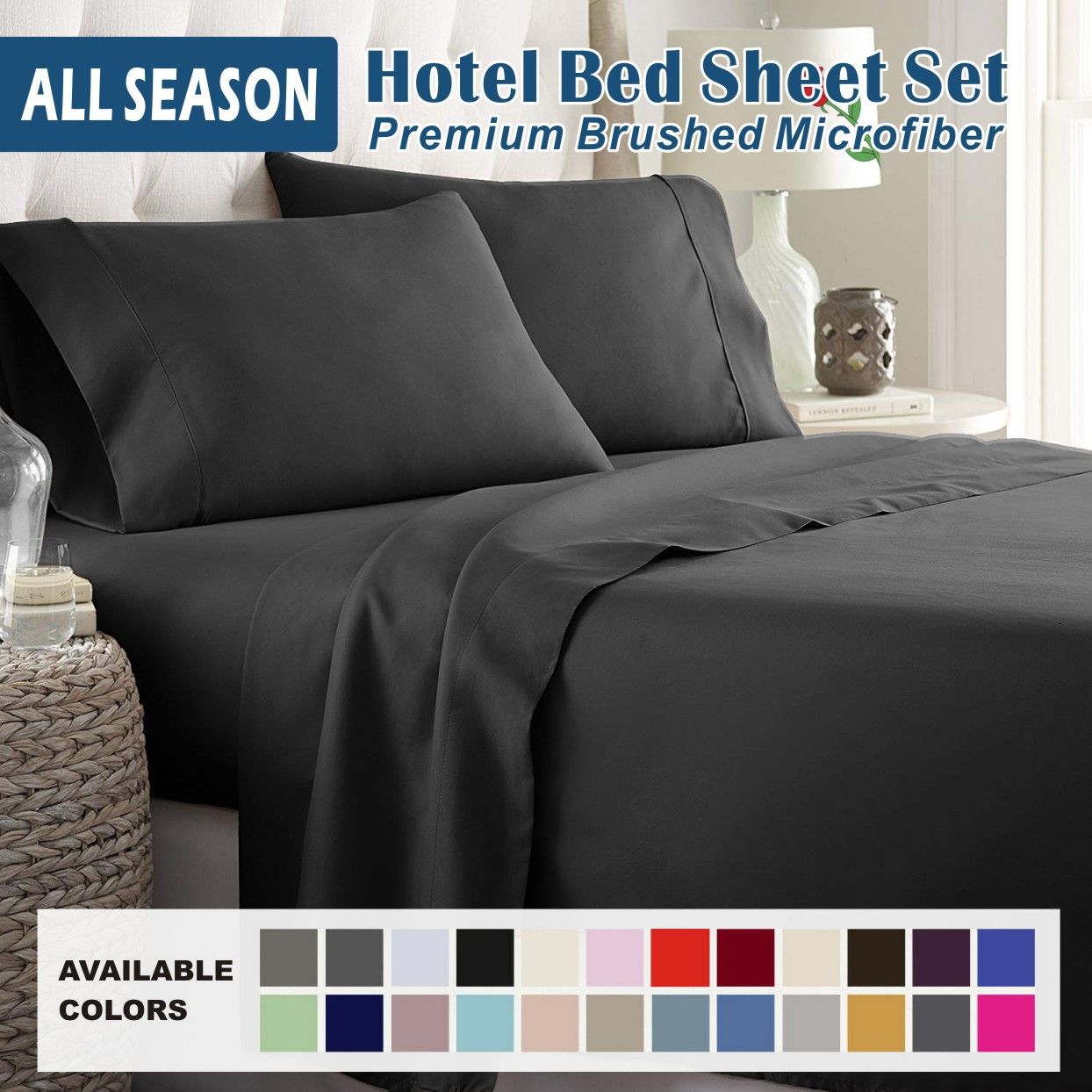 3 Piece Bed Sheet Set- Bedding Sheets & Pillowcases -Breathable Bedding - Wrinkle, Fade, Stain Resistant-Deep Pocket Flat Fitted Bed Sheet Set(Black,King Single)