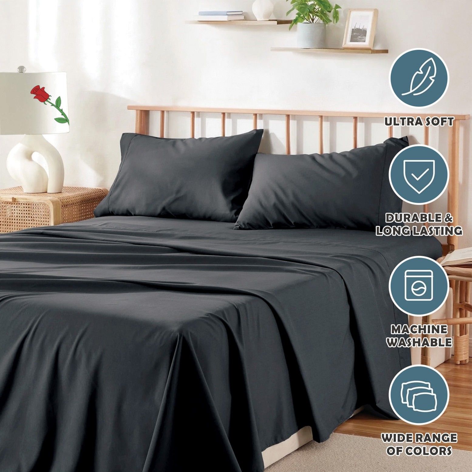 3 Piece Bed Sheet Set- Bedding Sheets & Pillowcases -Breathable Bedding - Wrinkle, Fade, Stain Resistant-Deep Pocket Flat Fitted Bed Sheet Set(Black,King Single)