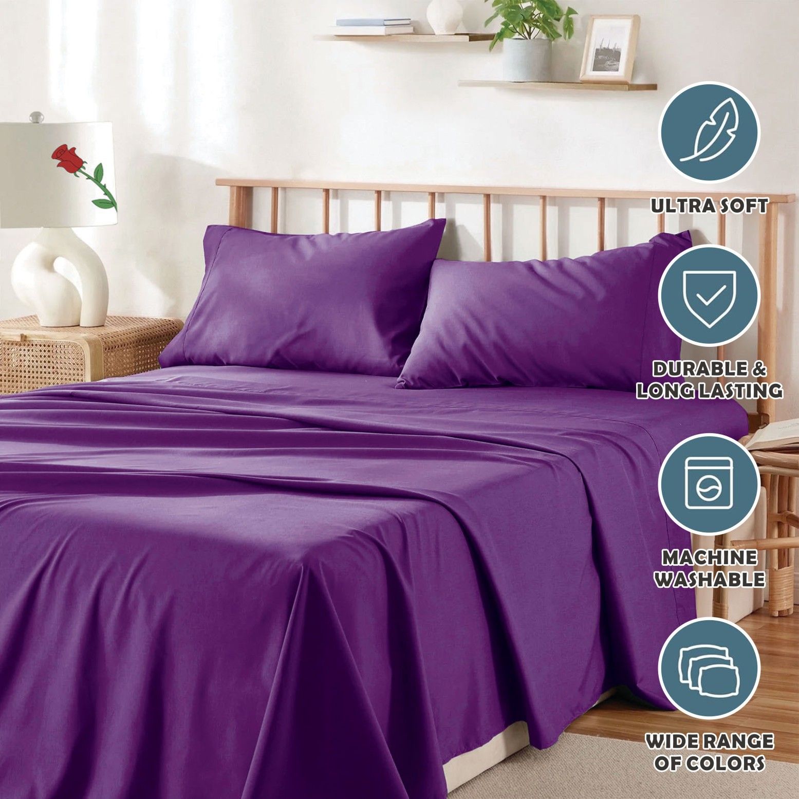 3 Piece Bed Sheet Set- Bedding Sheets & Pillowcases -Breathable Bedding - Wrinkle, Fade, Stain Resistant-Deep Pocket Flat Fitted Bed Sheet Set(Purple,King Single)