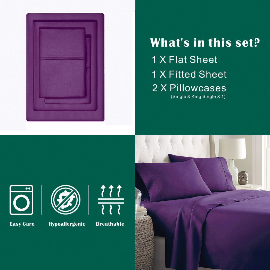 3 Piece Bed Sheet Set- Bedding Sheets & Pillowcases -Breathable Bedding - Wrinkle, Fade, Stain Resistant-Deep Pocket Flat Fitted Bed Sheet Set(Purple,King Single)