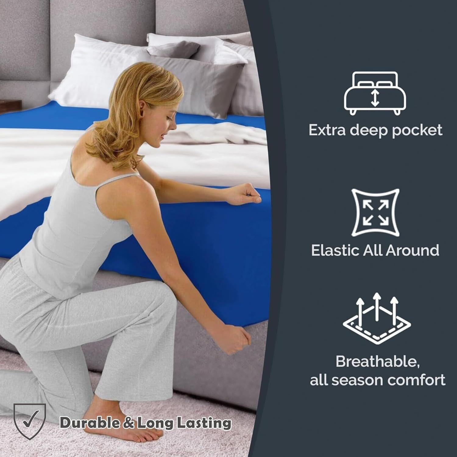 Hotel Quality Fitted Sheet - 1 Piece Fitted Sheet  -Breathable Bedding - Wrinkle, Fade, Stain Resistant- 16inch/40cm Deep Pocket Fitted Bed Sheet-Wrinkle and Fade Resistant,(Royal blue,King Single)