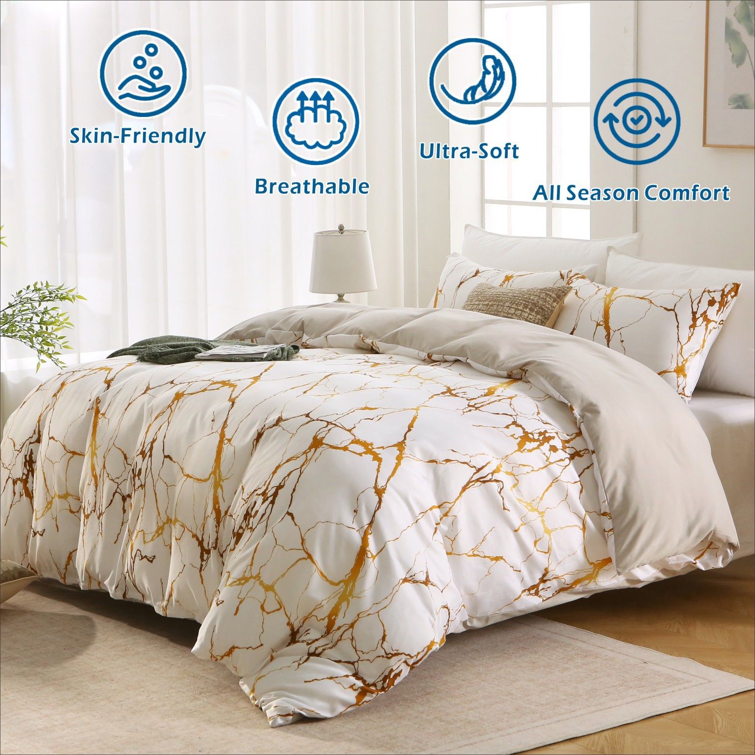 3 Piece Hotel Soft Microfiber Quilt Cover Set-2000TC Duvet/Donna Cover Set & Pillowcases -1 Quilt Cover Zipper Closure & 1 x Pillowcases-Breathable Bedding - Wrinkle, Fade, Stain Resistant(Marble Gleam,Queen)