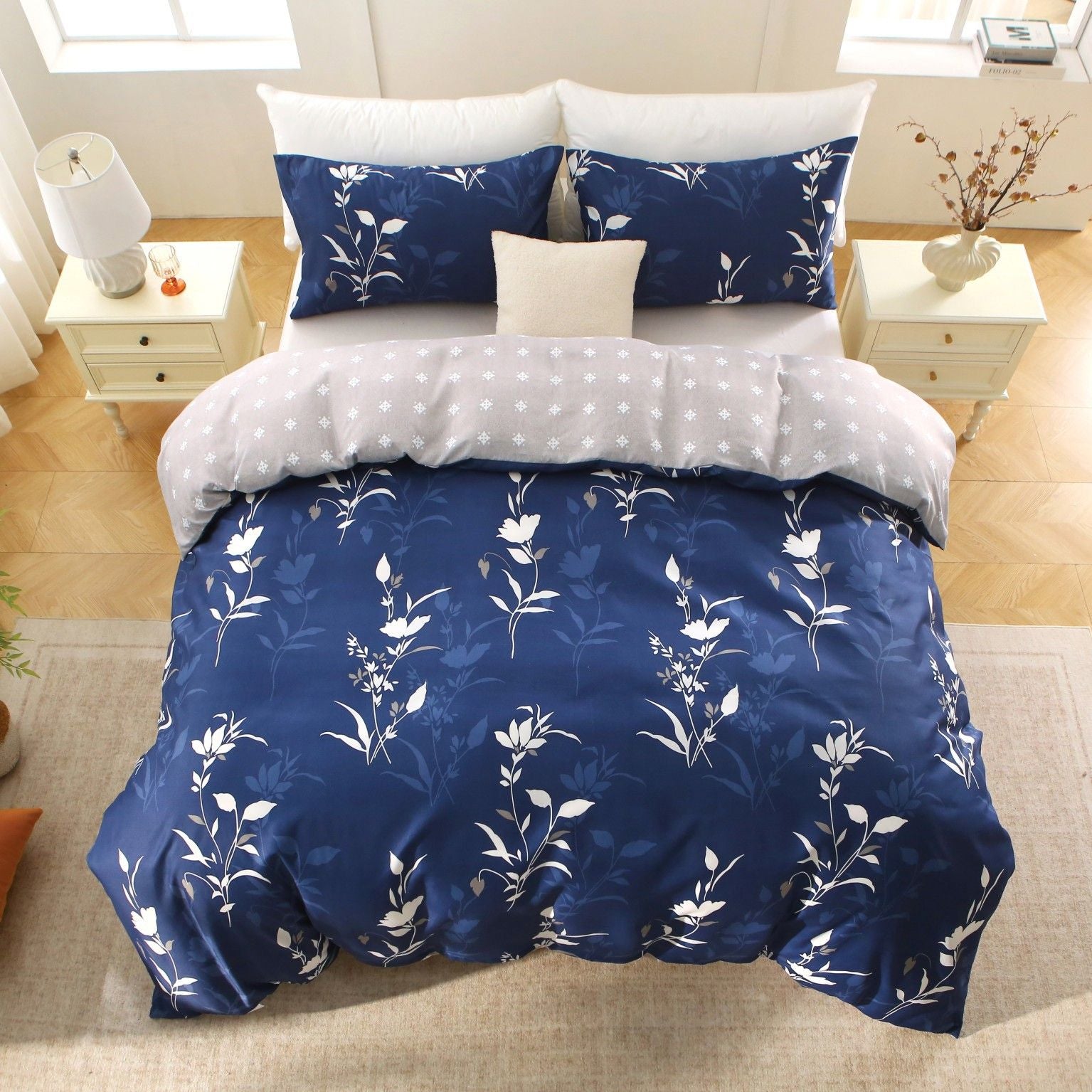 3 Piece Hotel Soft Microfiber Quilt Cover Set-2000TC Duvet/Donna Cover Set & Pillowcases -1 Quilt Cover Zipper Closure & 1 x Pillowcases-Breathable Bedding - Wrinkle, Fade, Stain Resistant(Navy Floral,Queen)