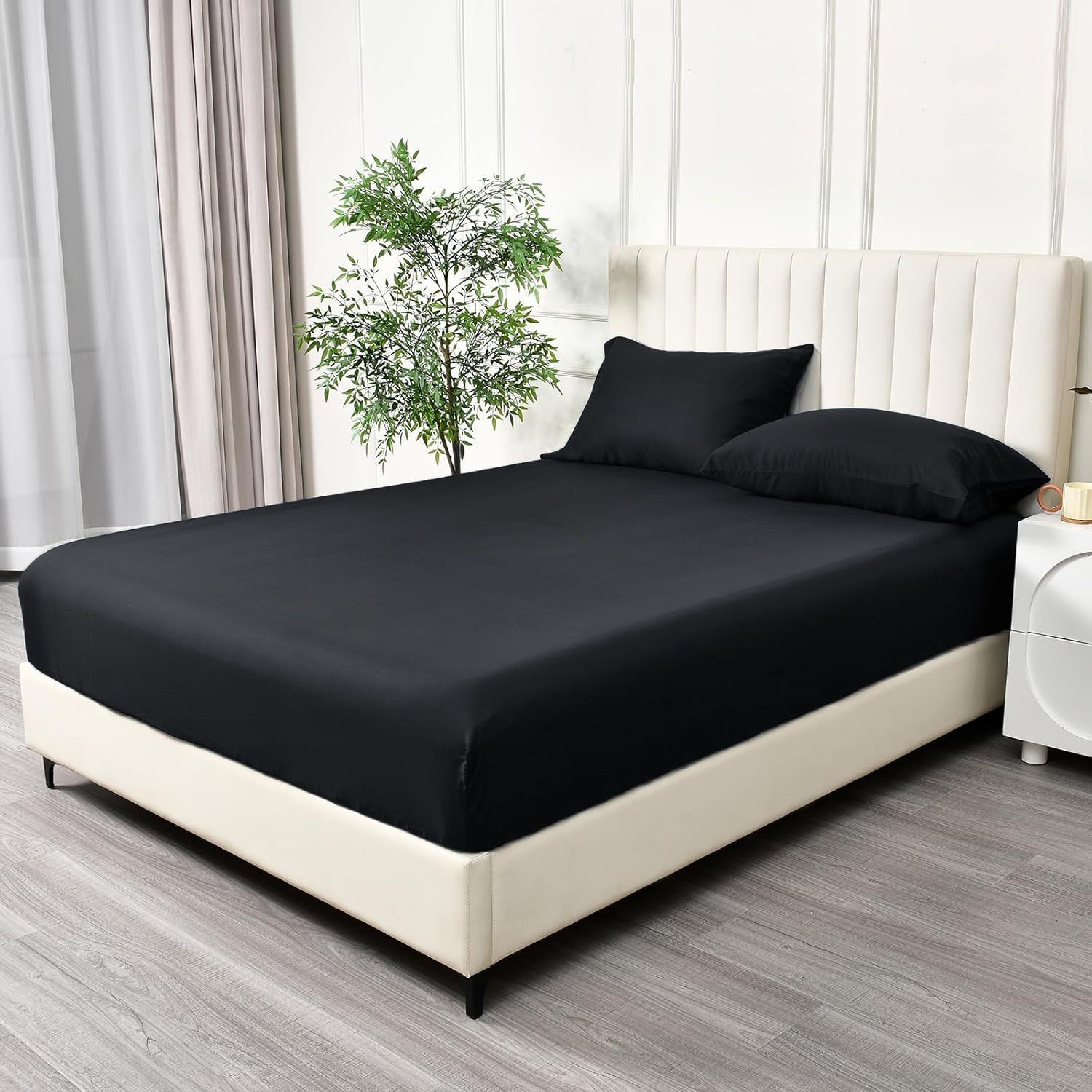 3 Piece Fitted Sheet Set- Fitted Sheet & Pillowcases -Breathable Bedding - Wrinkle, Fade, Stain Resistant- 40cm Deep Pocket Fitted Bed Sheet Set(Black,Queen)