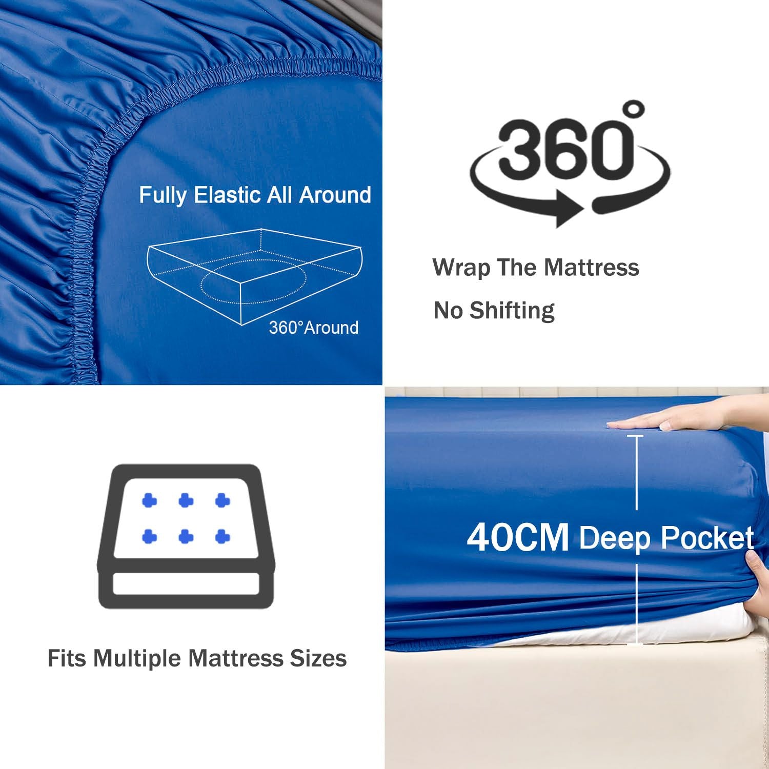 3 Piece Fitted Sheet Set- Fitted Sheet & Pillowcases -Breathable Bedding - Wrinkle, Fade, Stain Resistant- 40cm Deep Pocket Fitted Bed Sheet Set(Royal blue,Queen)