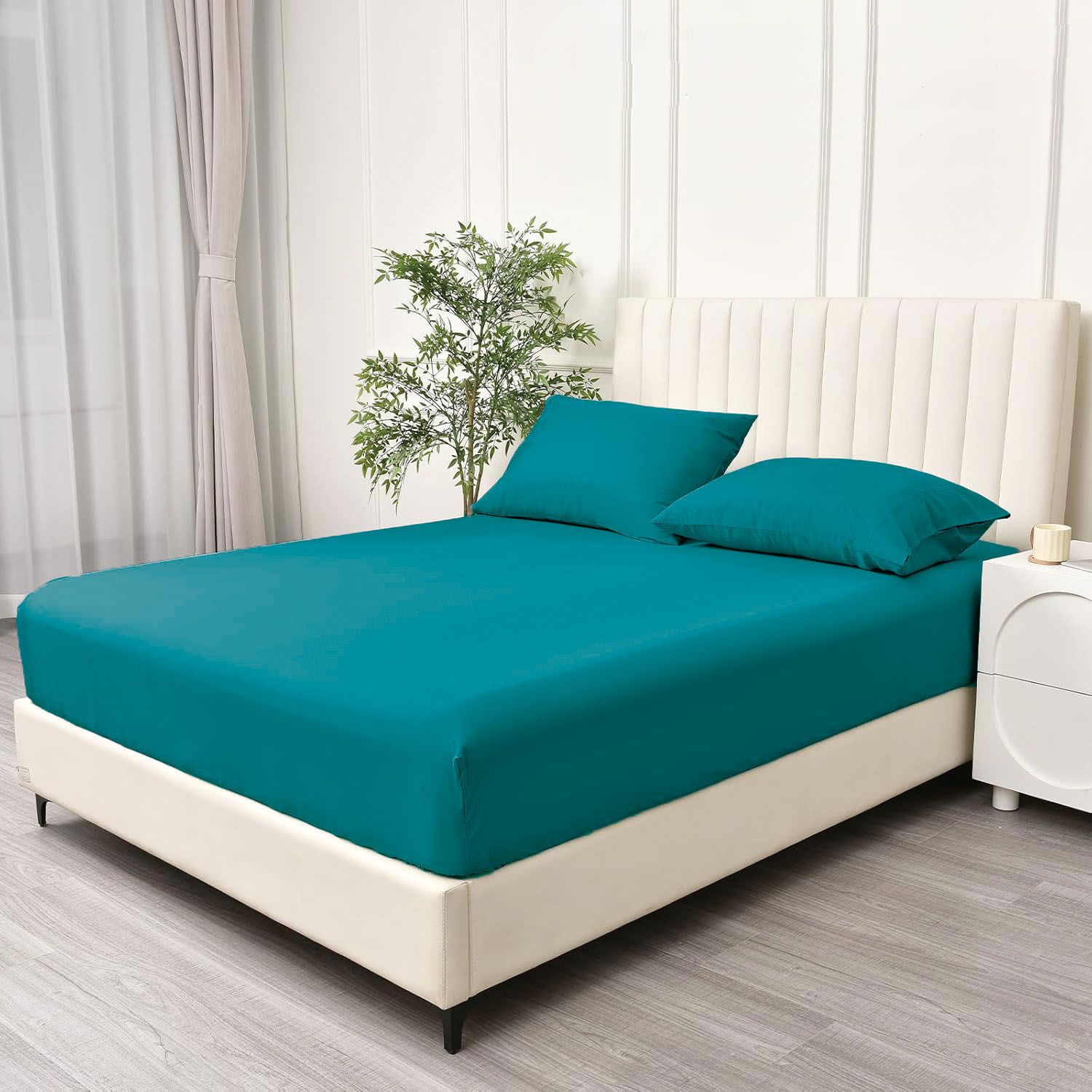 3 Piece Fitted Sheet Set- Fitted Sheet & Pillowcases -Breathable Bedding - Wrinkle, Fade, Stain Resistant- 40cm Deep Pocket Fitted Bed Sheet Set(Biscay blue,Queen)