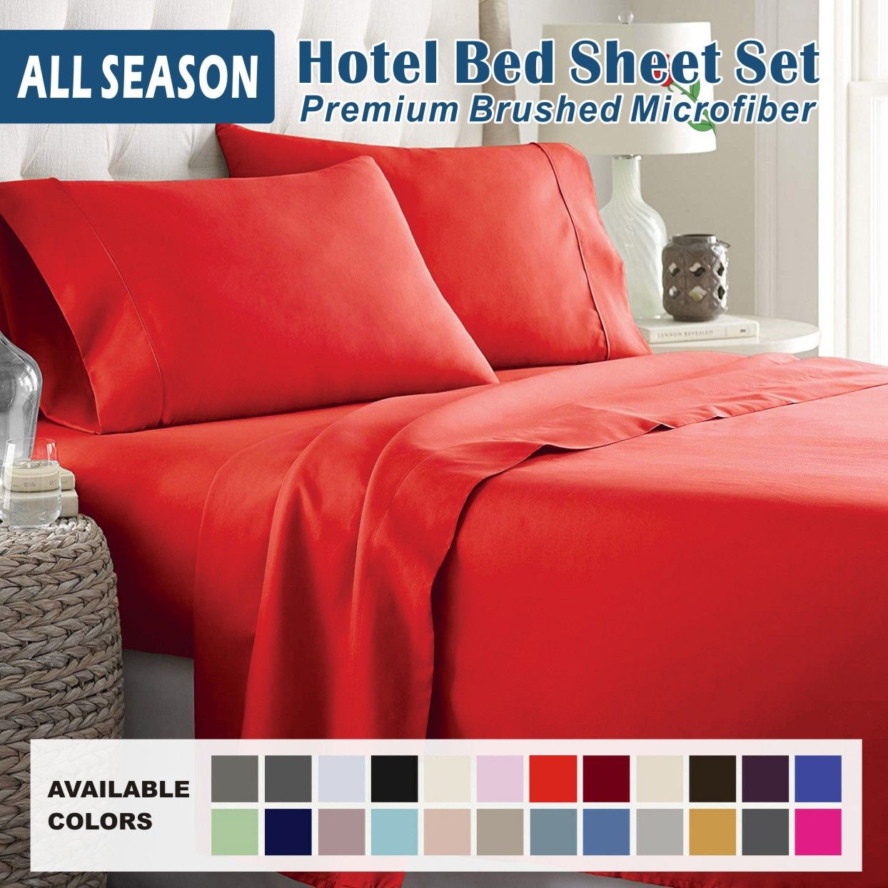 4 Piece Bed Sheet Set- Bedding Sheets & Pillowcases -Breathable Bedding - Wrinkle, Fade, Stain Resistant-Deep Pocket Flat Fitted Bed Sheet Set(Red,Queen)