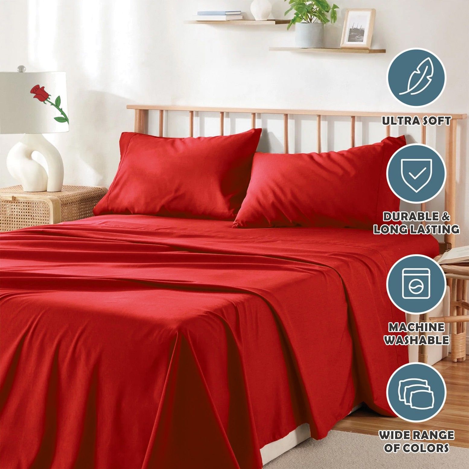 4 Piece Bed Sheet Set- Bedding Sheets & Pillowcases -Breathable Bedding - Wrinkle, Fade, Stain Resistant-Deep Pocket Flat Fitted Bed Sheet Set(Red,Queen)