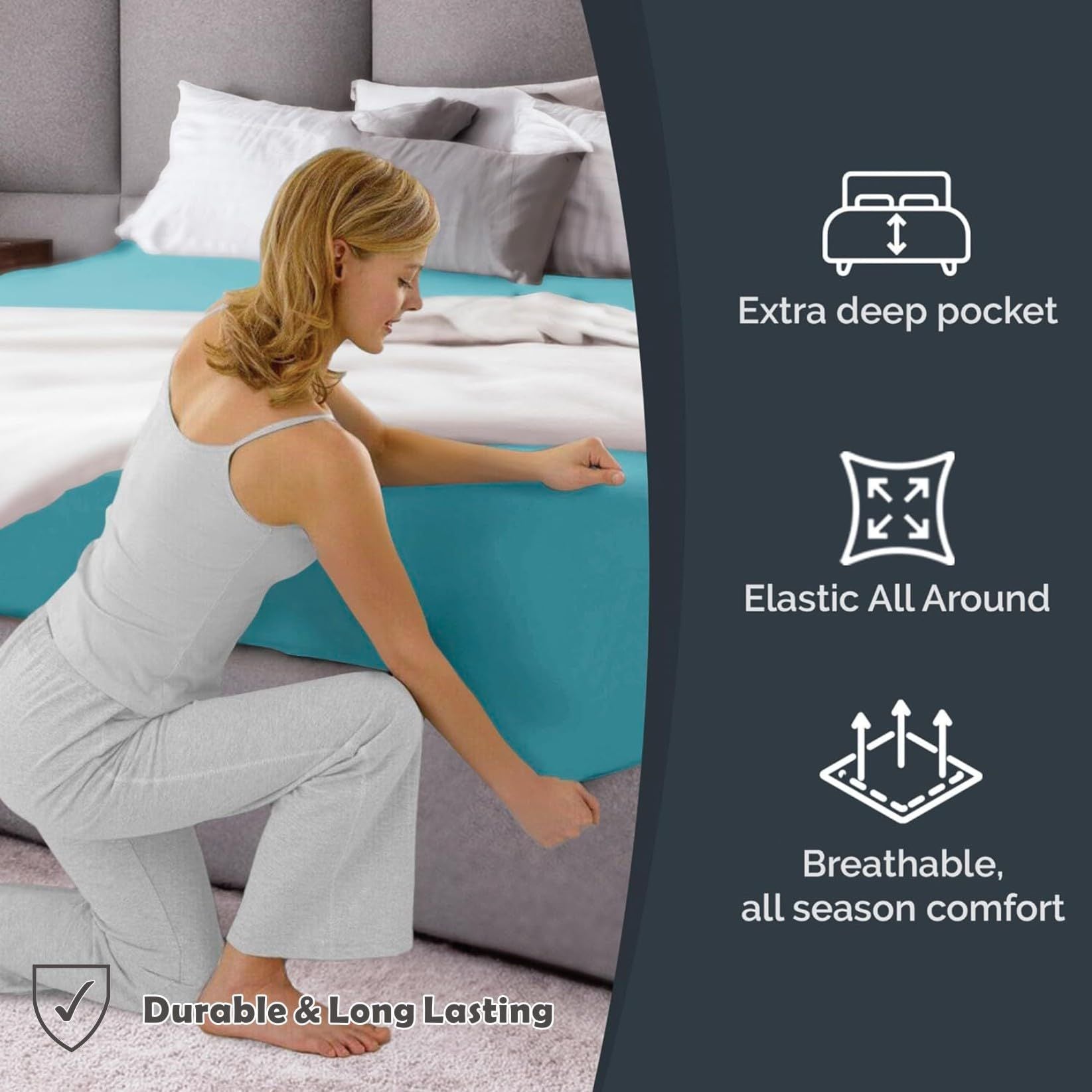 Hotel Quality Fitted Sheet - 1 Piece Fitted Sheet  -Breathable Bedding - Wrinkle, Fade, Stain Resistant- 16inch/40cm Deep Pocket Fitted Bed Sheet-Wrinkle and Fade Resistant,(Ice blue,Queen)