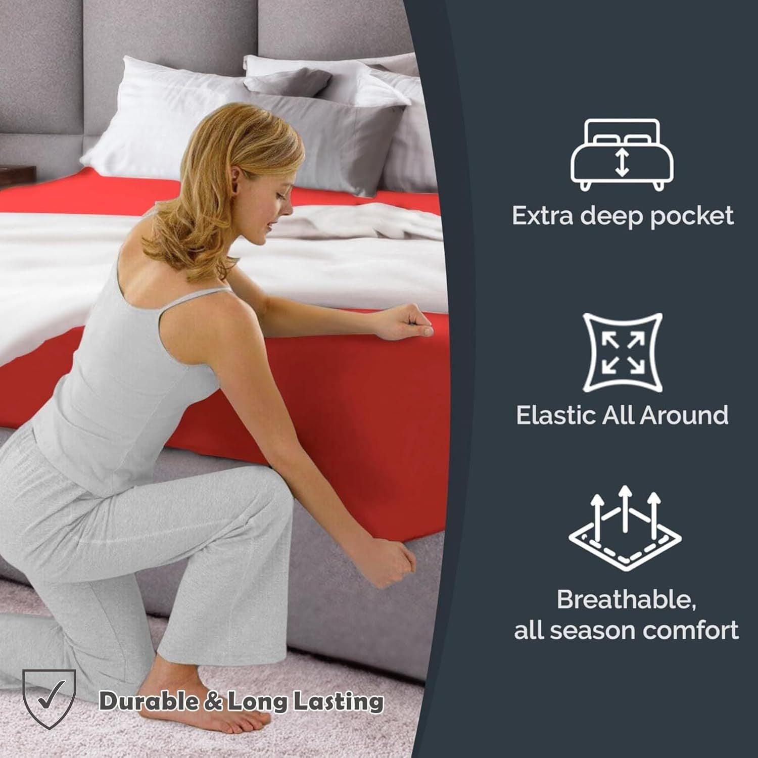 Hotel Quality Fitted Sheet - 1 Piece Fitted Sheet  -Breathable Bedding - Wrinkle, Fade, Stain Resistant- 16inch/40cm Deep Pocket Fitted Bed Sheet-Wrinkle and Fade Resistant,(Red,Queen)