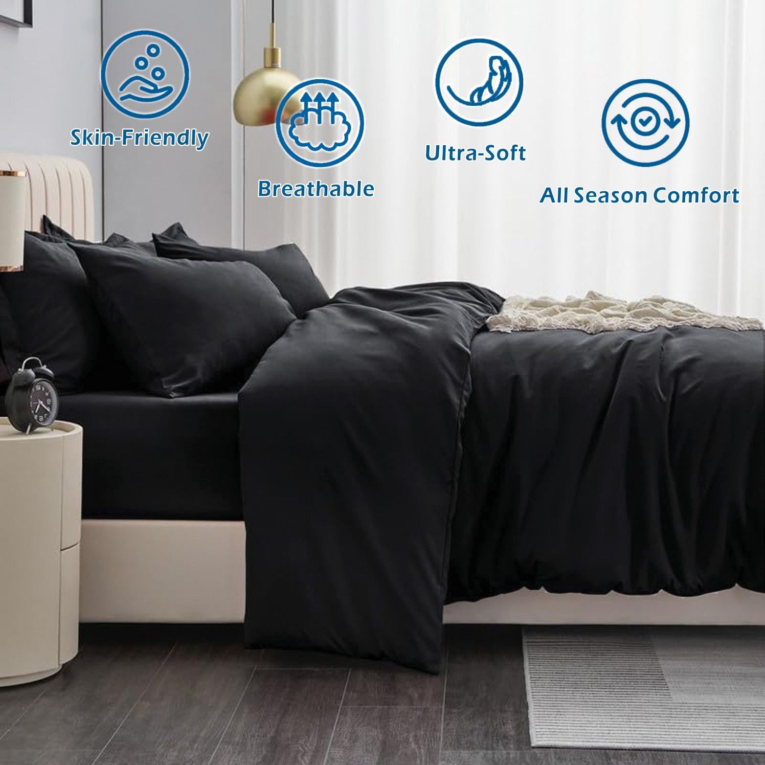 2 Piece Hotel Soft Microfiber Quilt Cover Set-2000TC Duvet/Donna Cover Set & Pillowcases -1 Quilt Cover Zipper Closure & 1 x Pillowcases-Breathable Bedding - Wrinkle, Fade, Stain Resistant(Black,Single)
