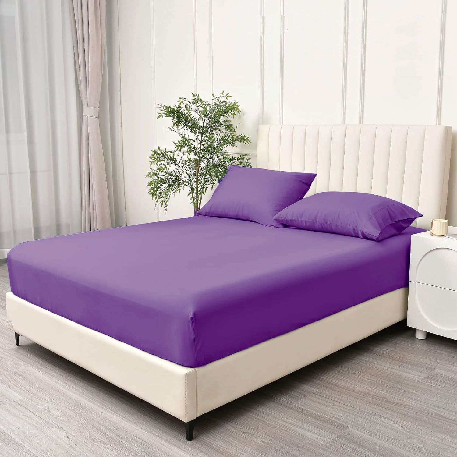 2 Piece Fitted Sheet Set- Fitted Sheet & Pillowcases -Breathable Bedding - Wrinkle, Fade, Stain Resistant- 40cm Deep Pocket Fitted Bed Sheet Set(Purple,Single)