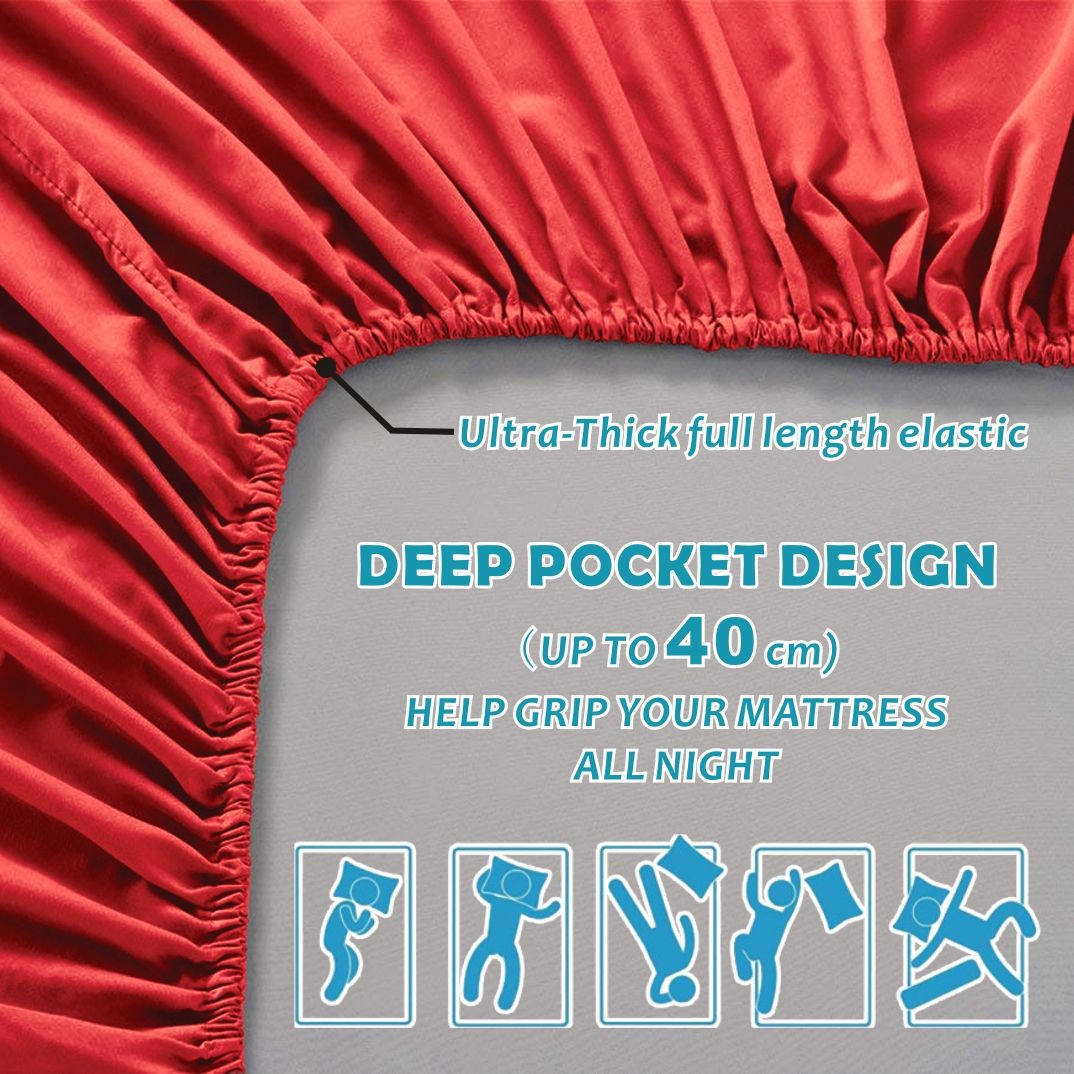 3 Piece Bed Sheet Set- Bedding Sheets & Pillowcases -Breathable Bedding - Wrinkle, Fade, Stain Resistant-Deep Pocket Flat Fitted Bed Sheet Set(Red,Single)