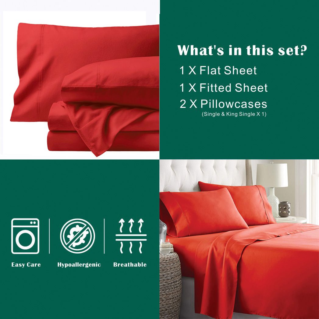 3 Piece Bed Sheet Set- Bedding Sheets & Pillowcases -Breathable Bedding - Wrinkle, Fade, Stain Resistant-Deep Pocket Flat Fitted Bed Sheet Set(Red,Single)