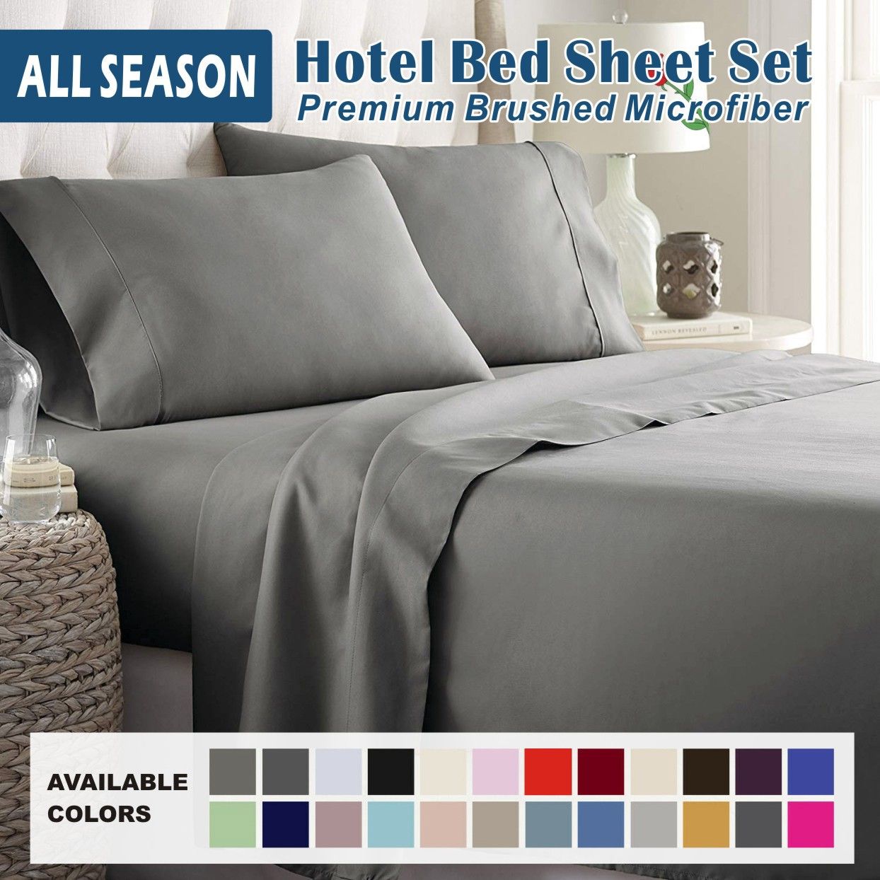 3 Piece Bed Sheet Set- Bedding Sheets & Pillowcases -Breathable Bedding - Wrinkle, Fade, Stain Resistant-Deep Pocket Flat Fitted Bed Sheet Set(Grey,Single)