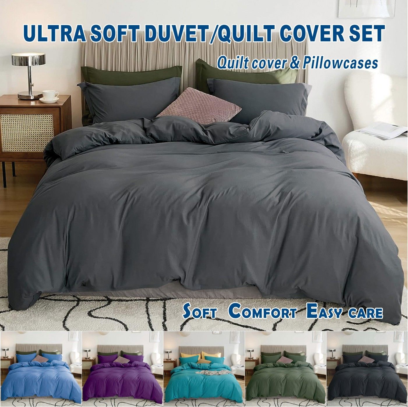 3 Piece Hotel Soft Microfiber Quilt Cover Set-2000TC Duvet/Donna Cover Set & Pillowcases -1 Quilt Cover Zipper Closure & 1 x Pillowcases-Breathable Bedding - Wrinkle, Fade, Stain Resistant(Dark gray,Super King)