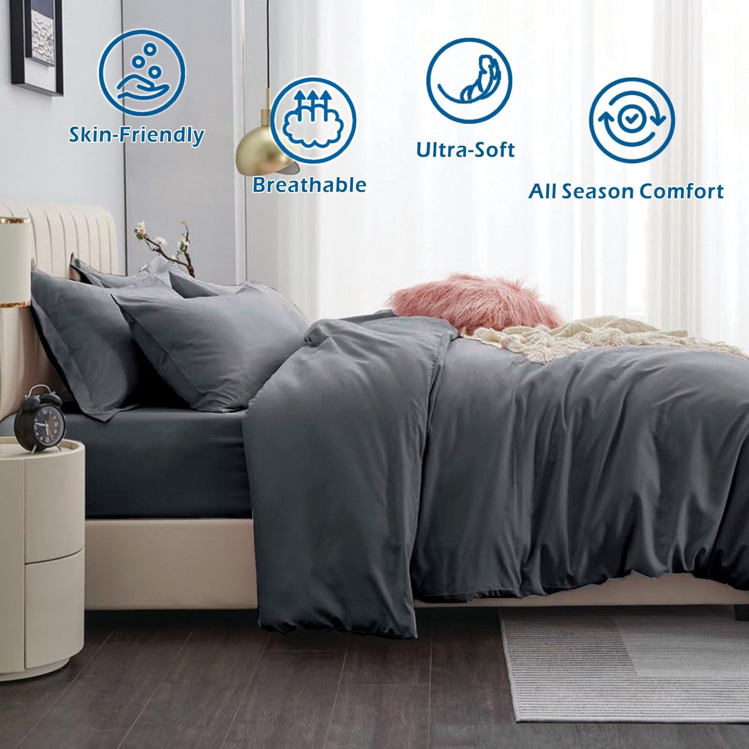 3 Piece Hotel Soft Microfiber Quilt Cover Set-2000TC Duvet/Donna Cover Set & Pillowcases -1 Quilt Cover Zipper Closure & 1 x Pillowcases-Breathable Bedding - Wrinkle, Fade, Stain Resistant(Dark gray,Super King)