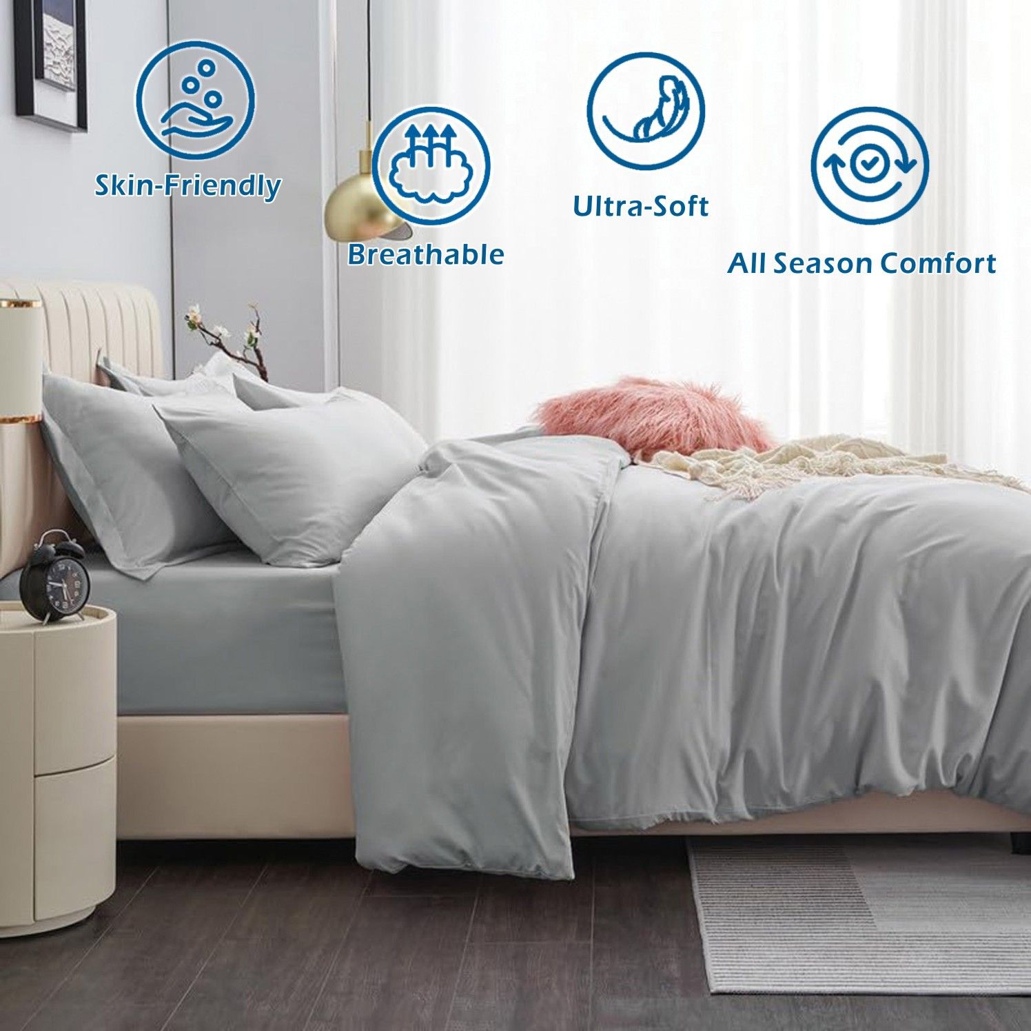 3 Piece Hotel Soft Microfiber Quilt Cover Set-2000TC Duvet/Donna Cover Set & Pillowcases -1 Quilt Cover Zipper Closure & 1 x Pillowcases-Breathable Bedding - Wrinkle, Fade, Stain Resistant(Silver-gray,Super King)