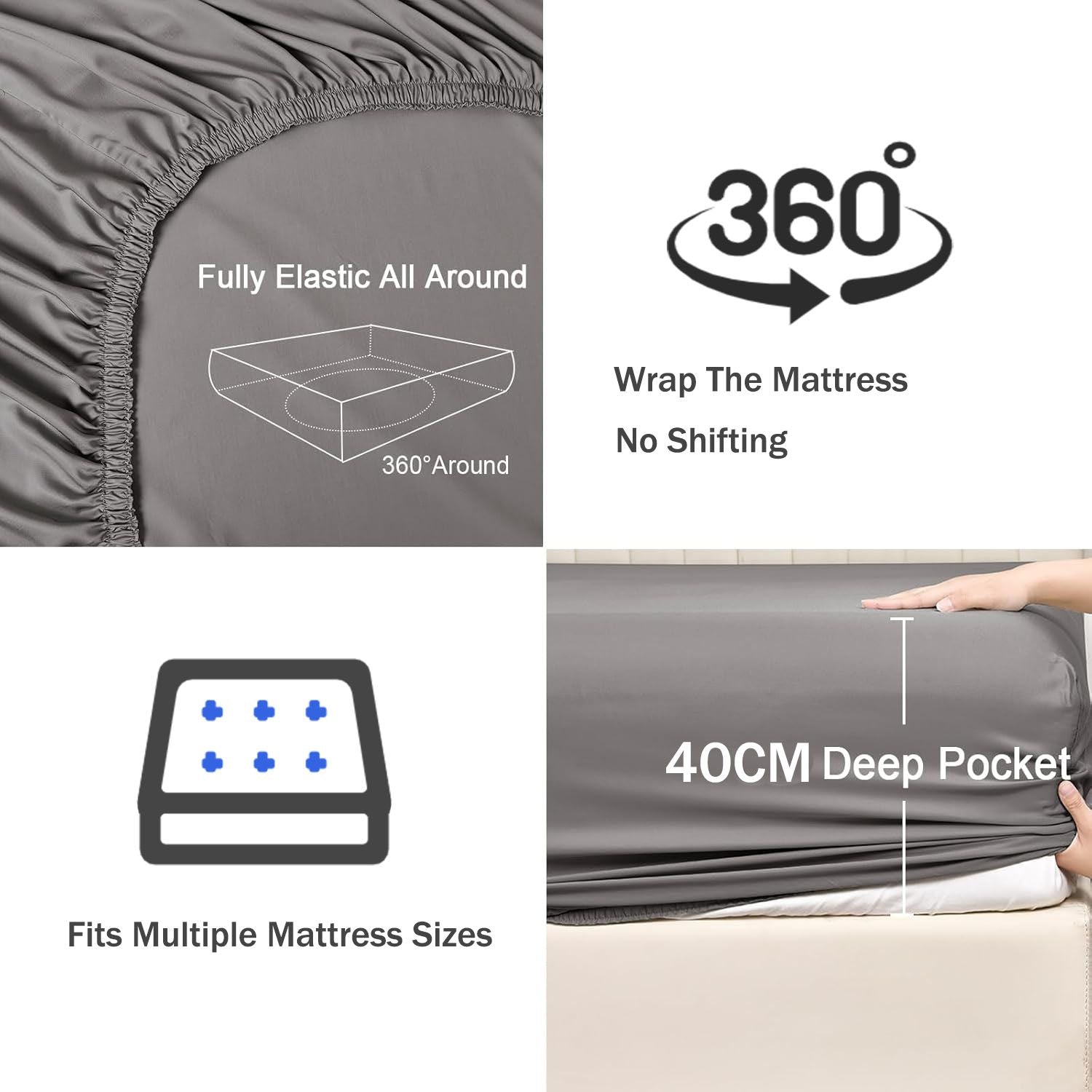 3 Piece Fitted Sheet Set- Fitted Sheet & Pillowcases -Breathable Bedding - Wrinkle, Fade, Stain Resistant- 40cm Deep Pocket Fitted Bed Sheet Set(Grey,Super King)