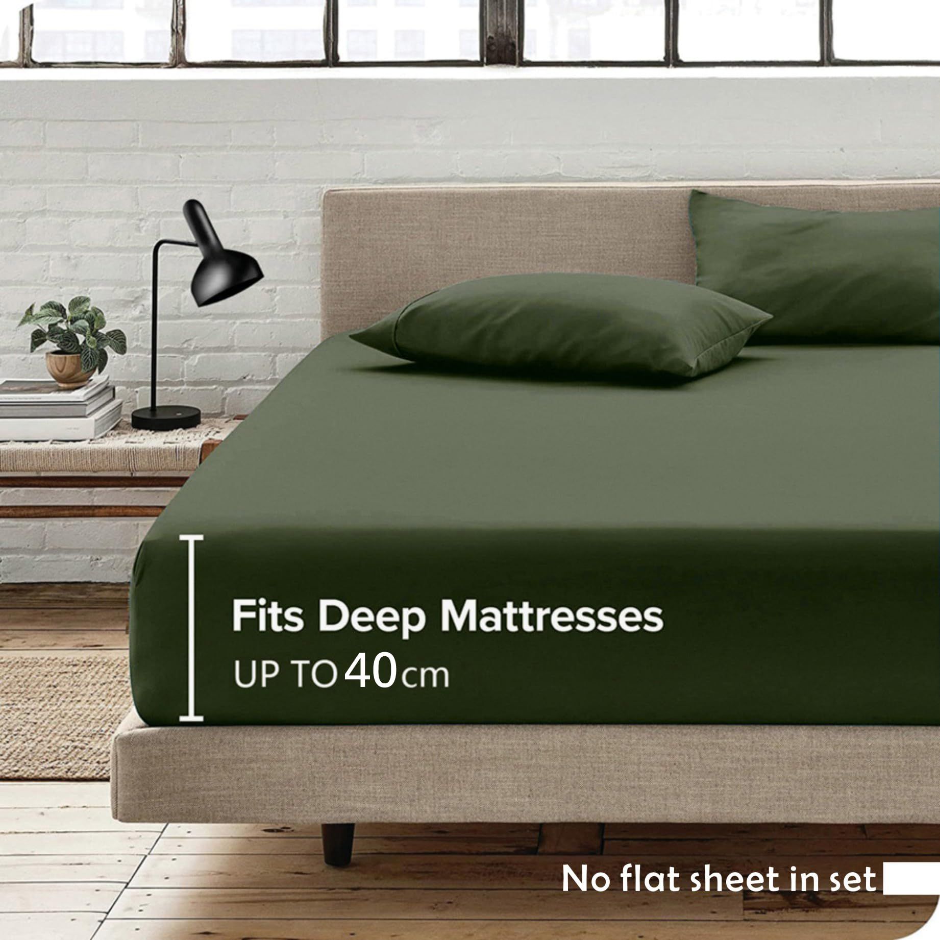 3 Piece Fitted Sheet Set- Fitted Sheet & Pillowcases -Breathable Bedding - Wrinkle, Fade, Stain Resistant- 40cm Deep Pocket Fitted Bed Sheet Set(Olive green,Super King)