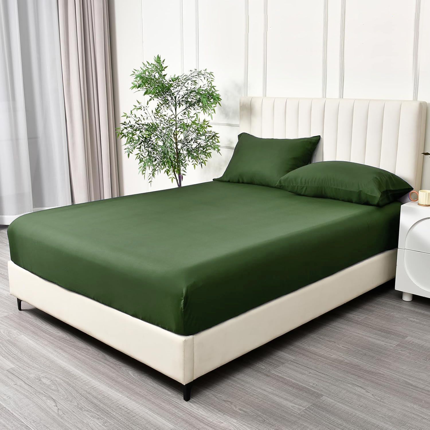 3 Piece Fitted Sheet Set- Fitted Sheet & Pillowcases -Breathable Bedding - Wrinkle, Fade, Stain Resistant- 40cm Deep Pocket Fitted Bed Sheet Set(Olive green,Super King)