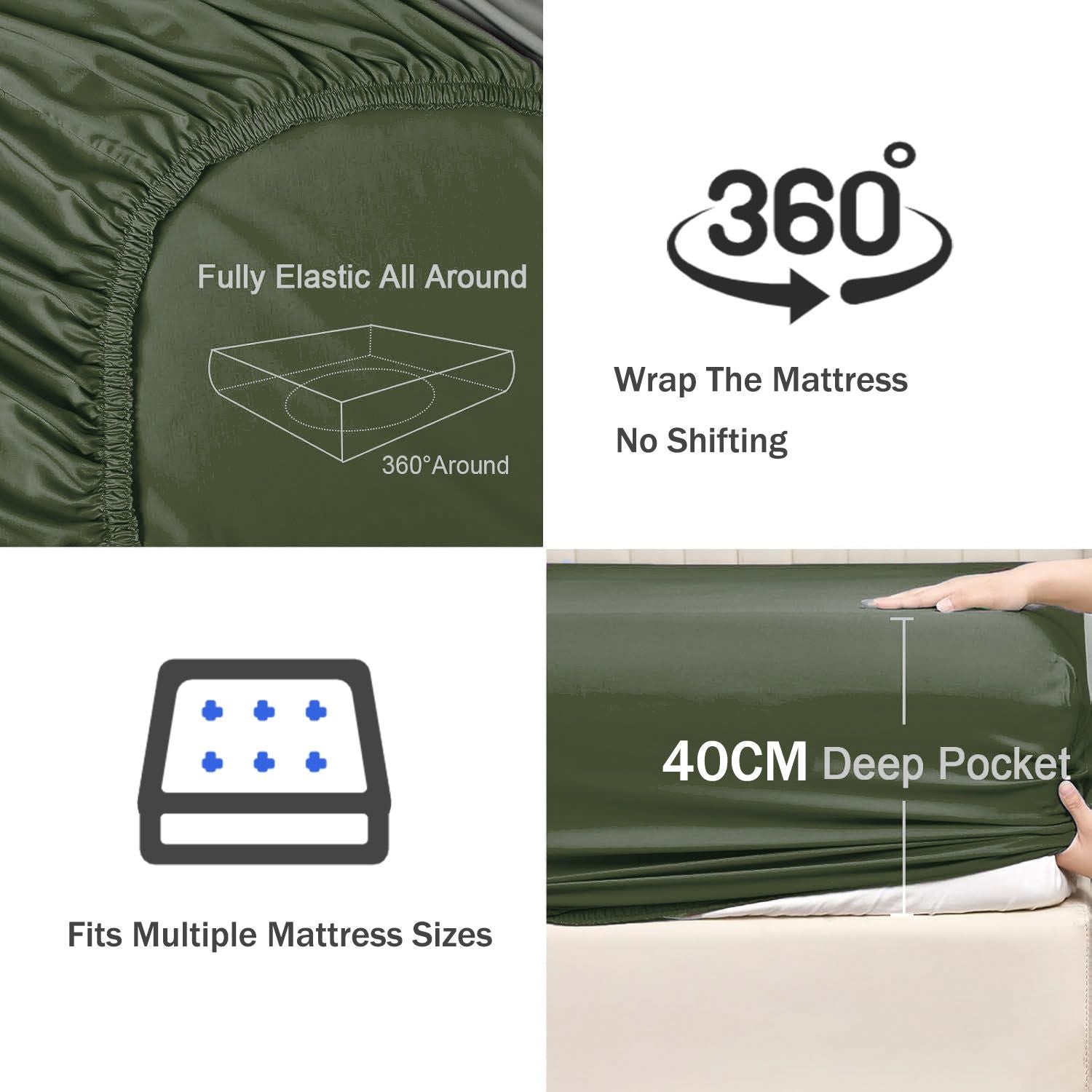 3 Piece Fitted Sheet Set- Fitted Sheet & Pillowcases -Breathable Bedding - Wrinkle, Fade, Stain Resistant- 40cm Deep Pocket Fitted Bed Sheet Set(Olive green,Super King)
