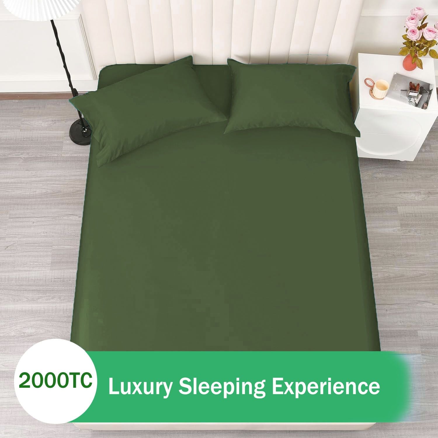 3 Piece Fitted Sheet Set- Fitted Sheet & Pillowcases -Breathable Bedding - Wrinkle, Fade, Stain Resistant- 40cm Deep Pocket Fitted Bed Sheet Set(Olive green,Super King)