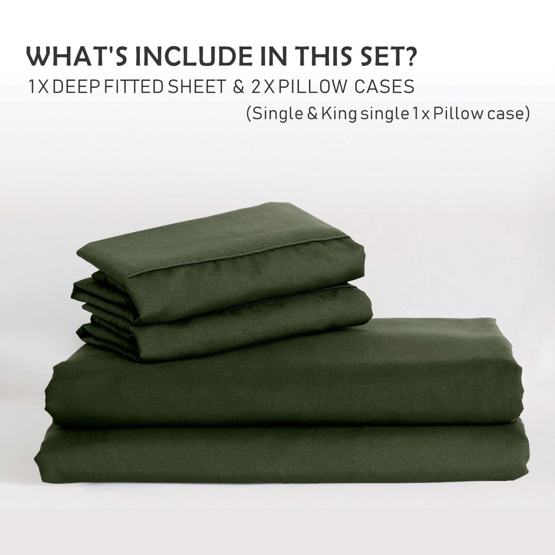 3 Piece Fitted Sheet Set- Fitted Sheet & Pillowcases -Breathable Bedding - Wrinkle, Fade, Stain Resistant- 40cm Deep Pocket Fitted Bed Sheet Set(Olive green,Super King)