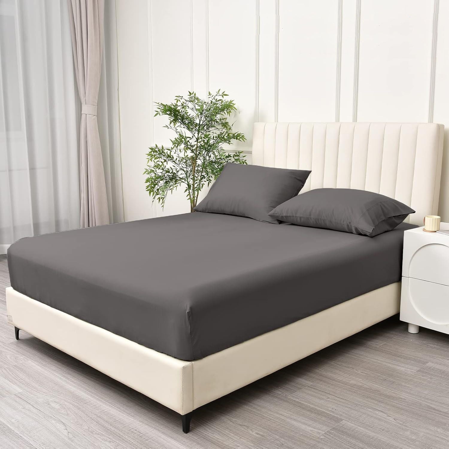 3 Piece Fitted Sheet Set- Fitted Sheet & Pillowcases -Breathable Bedding - Wrinkle, Fade, Stain Resistant- 40cm Deep Pocket Fitted Bed Sheet Set(Dark gray,Super King)