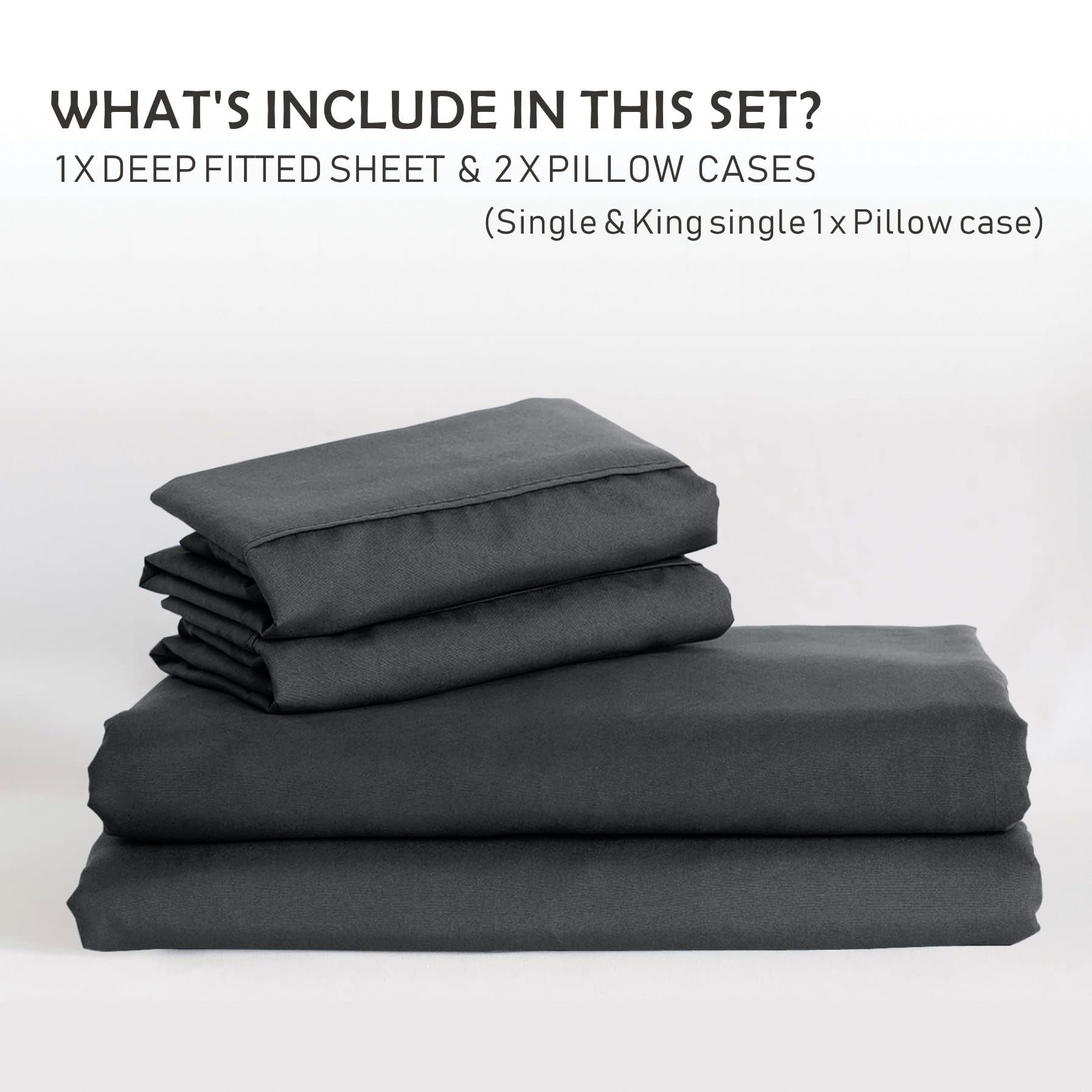 3 Piece Fitted Sheet Set- Fitted Sheet & Pillowcases -Breathable Bedding - Wrinkle, Fade, Stain Resistant- 40cm Deep Pocket Fitted Bed Sheet Set(Dark gray,Super King)